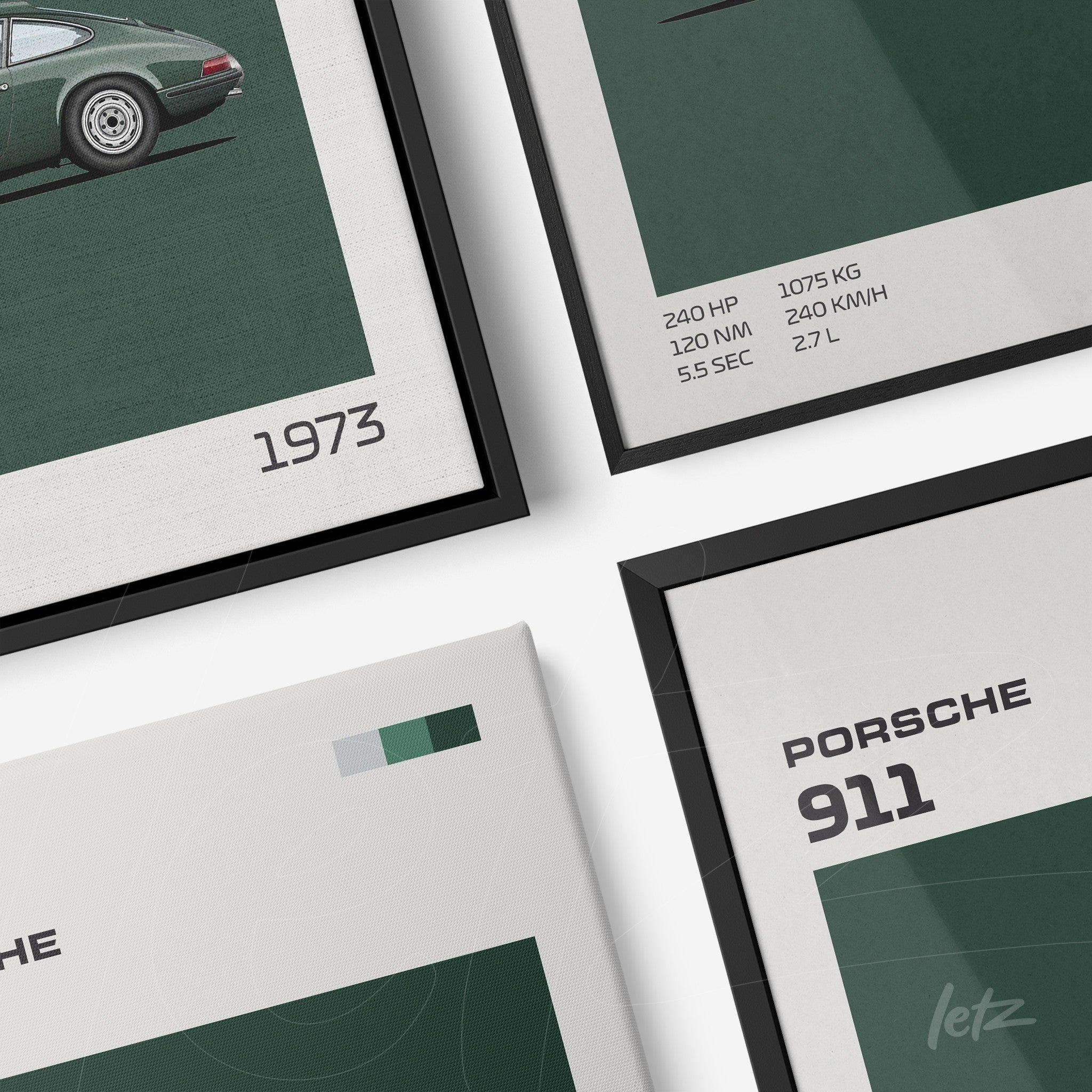 composição com quadros em moldura preta retratando carro Porsche 911 de 1973 em fundo verde