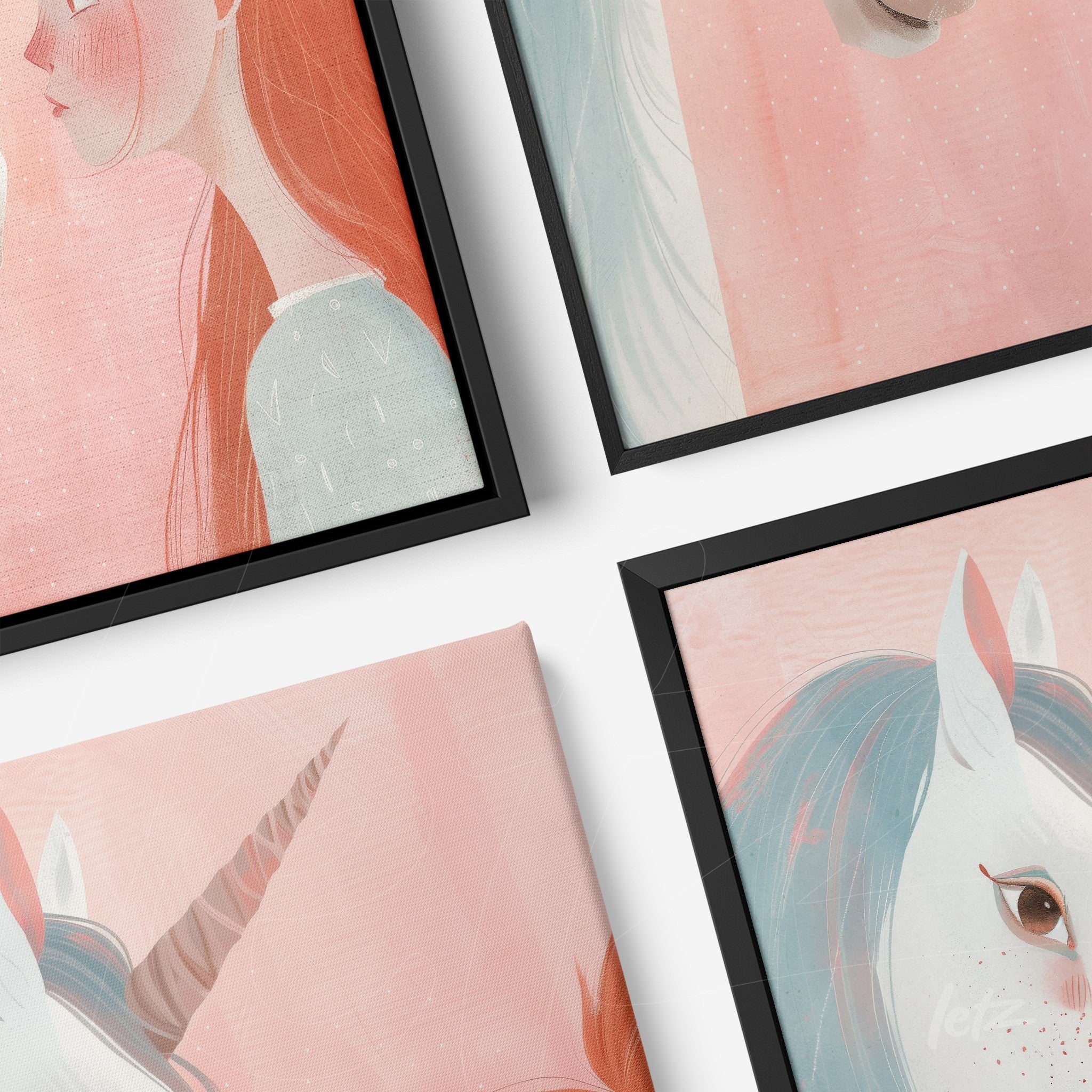 composição de quadros com ilustrações de unicórnios e meninas em tons pastel, molduras pretas