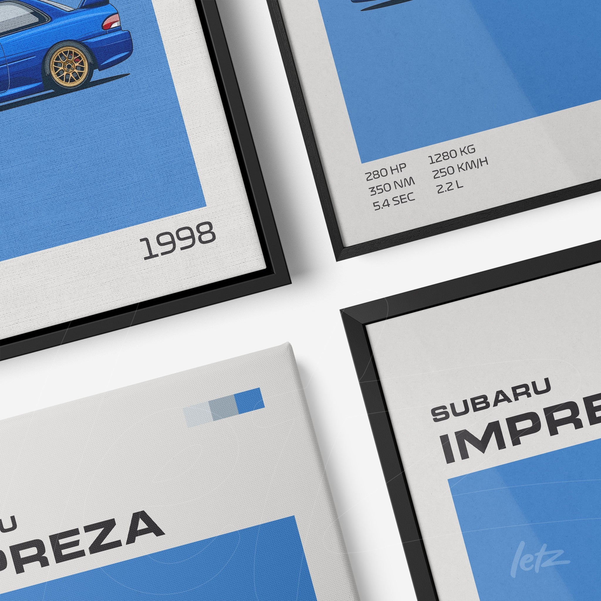 coleção de quadros com ilustrações de carros em estilo minimalista, incluindo o Subaru Impreza 1998 em moldura preta e tela em canvas com fundo azul