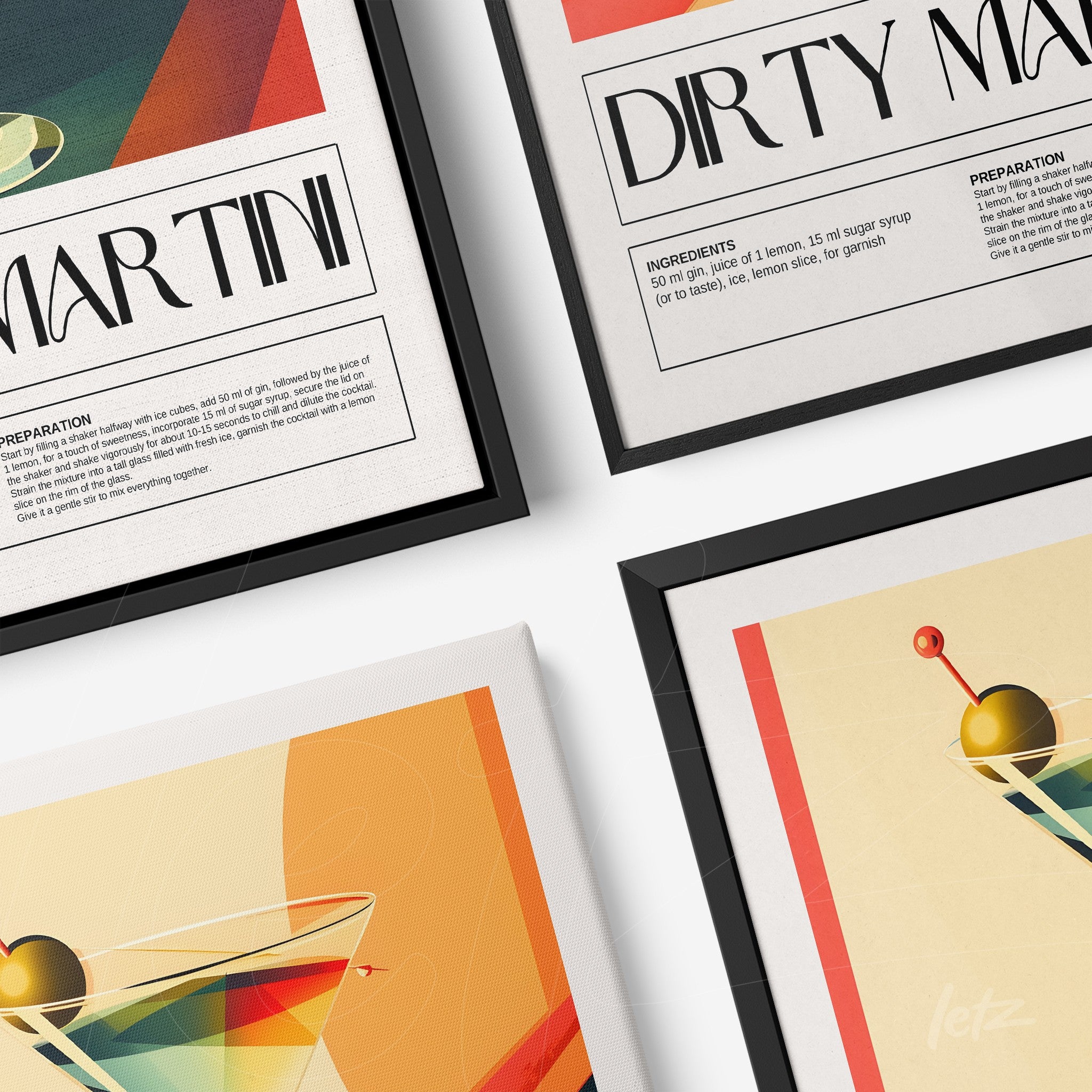 composição com quadros de drinks clássicos na moldura preta com elementos gráficos modernos