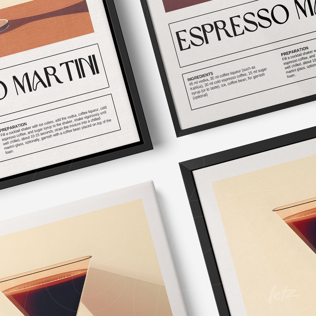 composição de quadros com ilustrações de drinks, molduras pretas com fundo neutro, detalhes de espresso martini e preparo