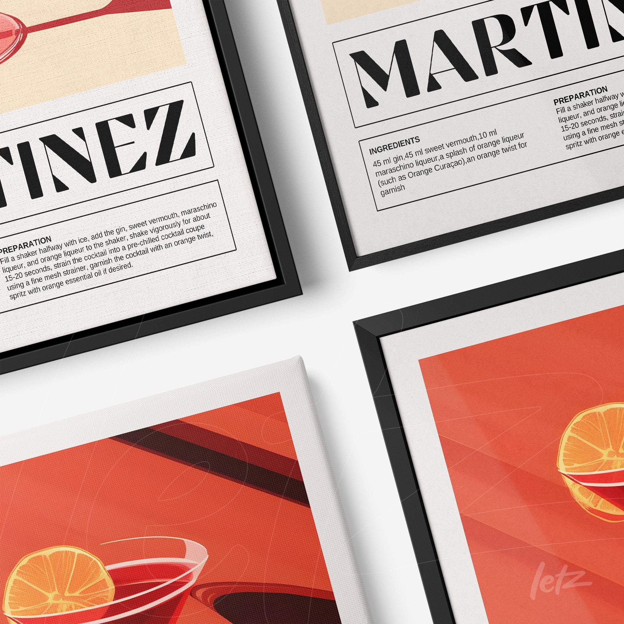 composição com quadros decorativos que apresentam artes estilizadas de drinks, molduras pretas e fundo em cores vibrantes