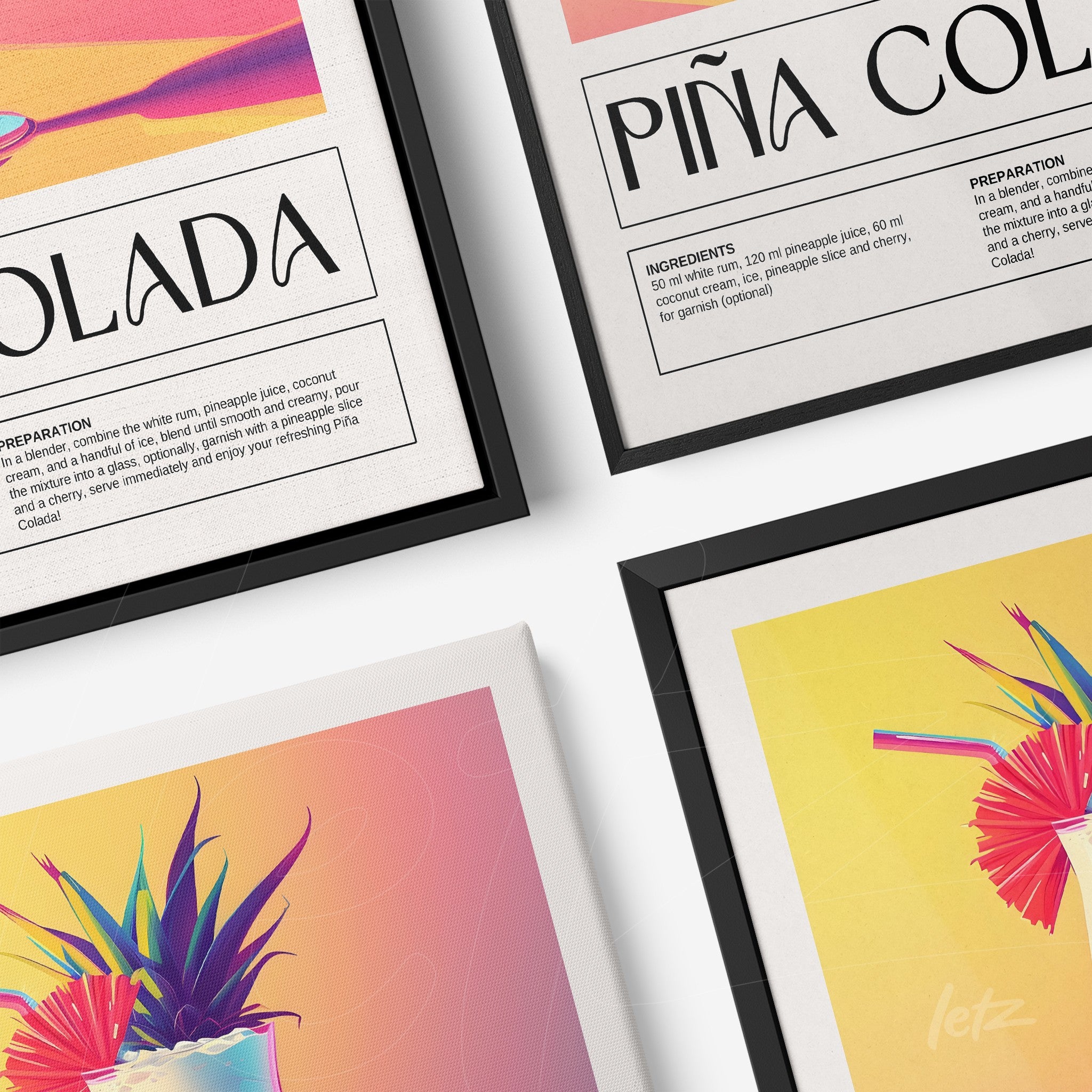 composição de quadros com receitas de drinks, destaque para piña colada em moldura preta, fundo amarelo e rosa suaves com abacaxi estilizado