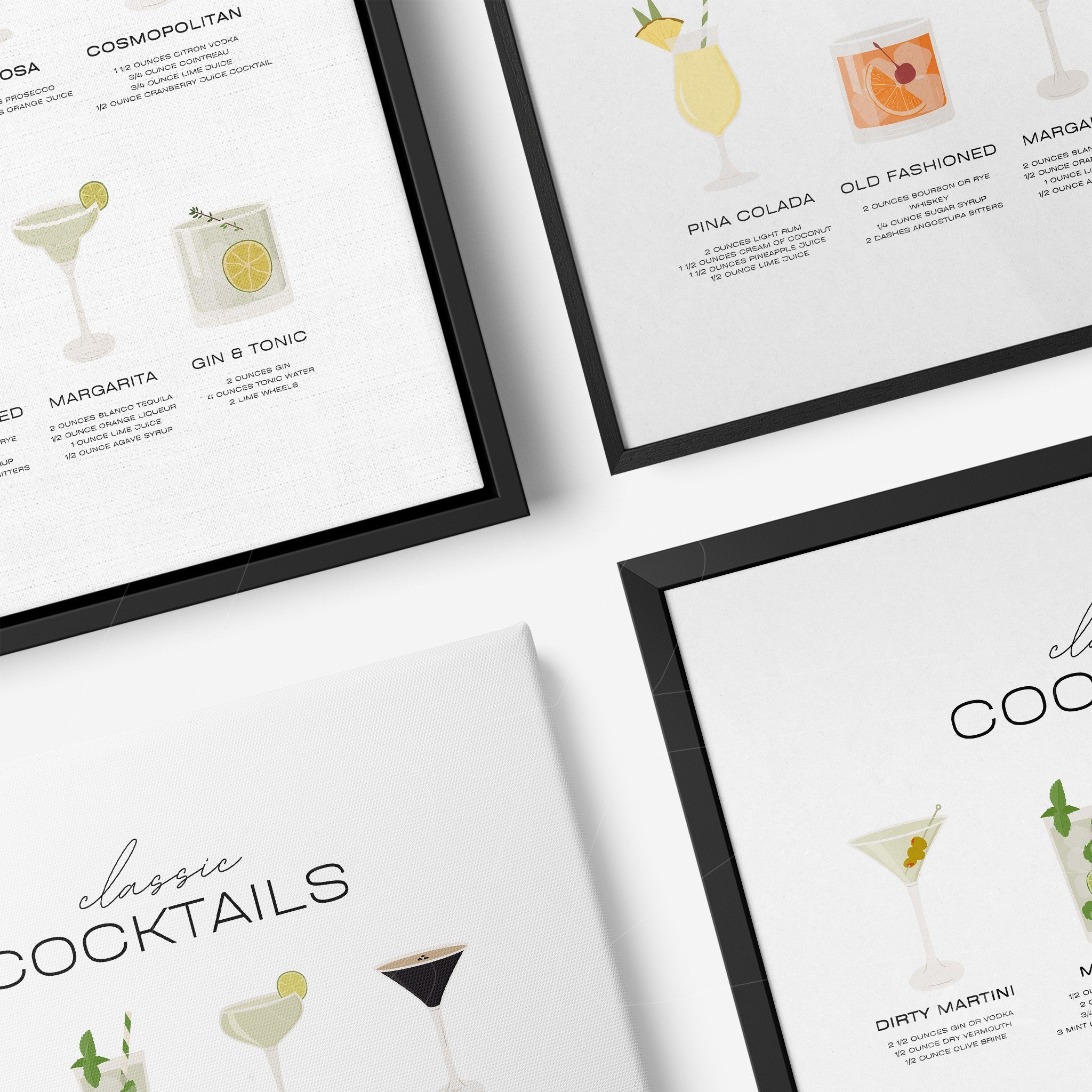 composição de quadros decorativos com ilustrações de drinks clássicos em moldura preta, incluindo cosmopolitan, piña colada, old fashioned, margarita, gin tônica e dirty martini sobre fundo claro