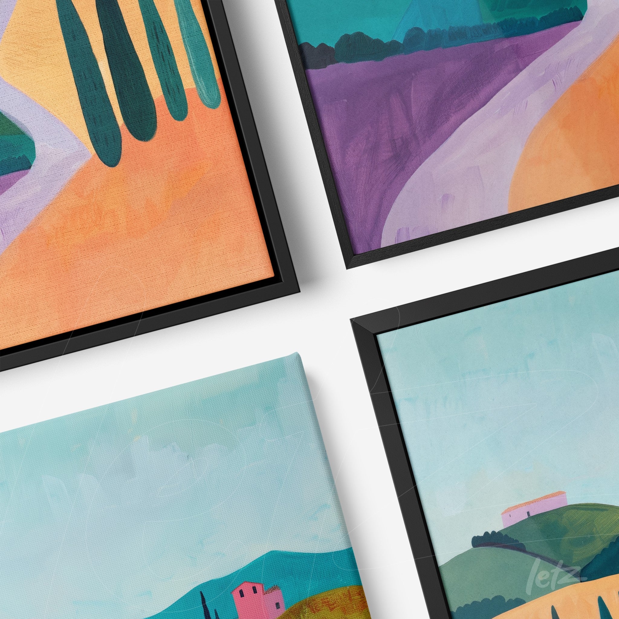 composição de quadros em moldura preta com paisagens coloridas em tons vibrantes, destacando campos, colinas e árvores numa estética moderna