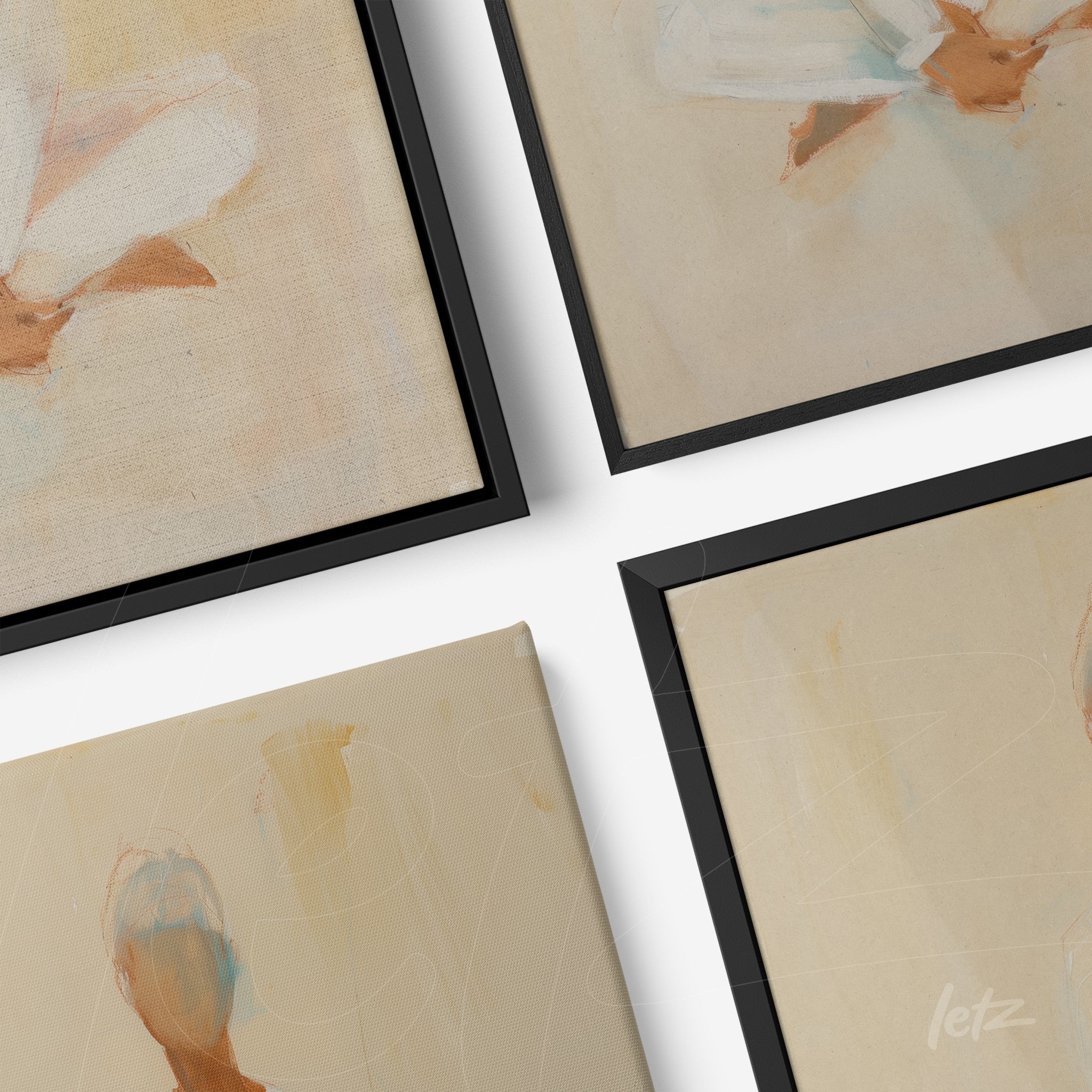 composição de quadros em estilo abstrato com retratos de figuras humanas em fundo neutro e moldura preta