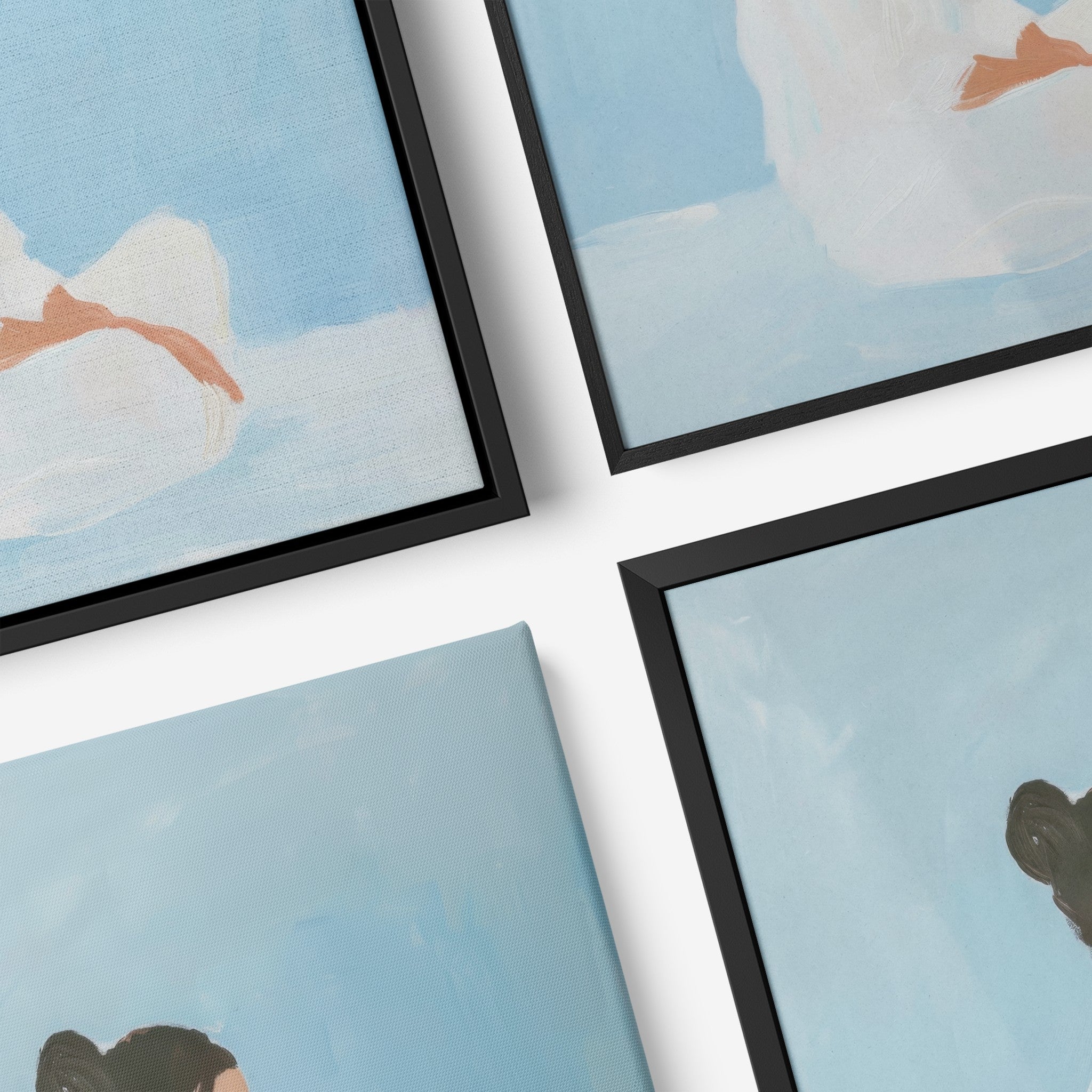 composição de quadros com arte moderna em tons de azul e figuras humanas, molduras pretas finas