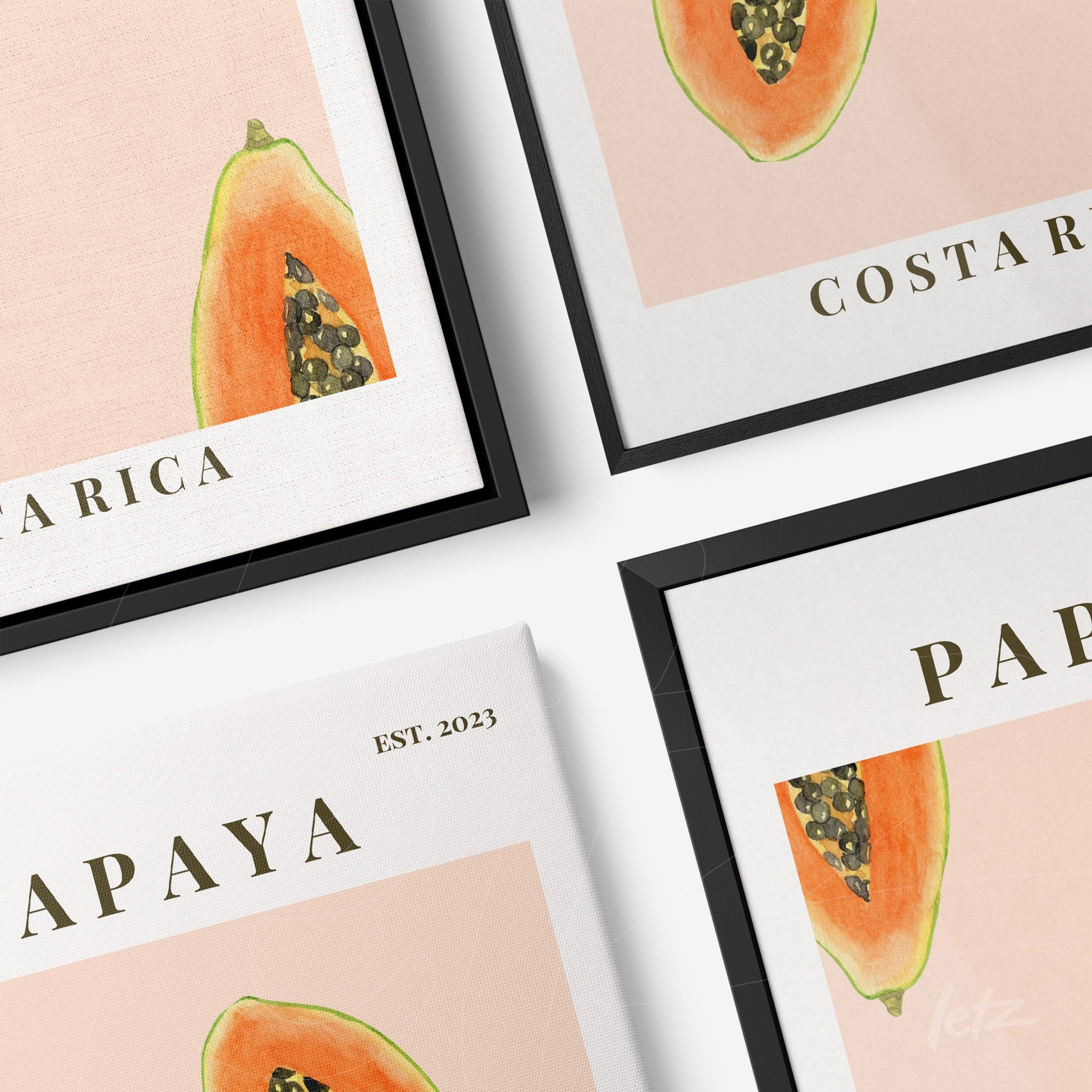 composição com quadros decorativos de papaya e elementos tipográficos em molduras pretas e brancas