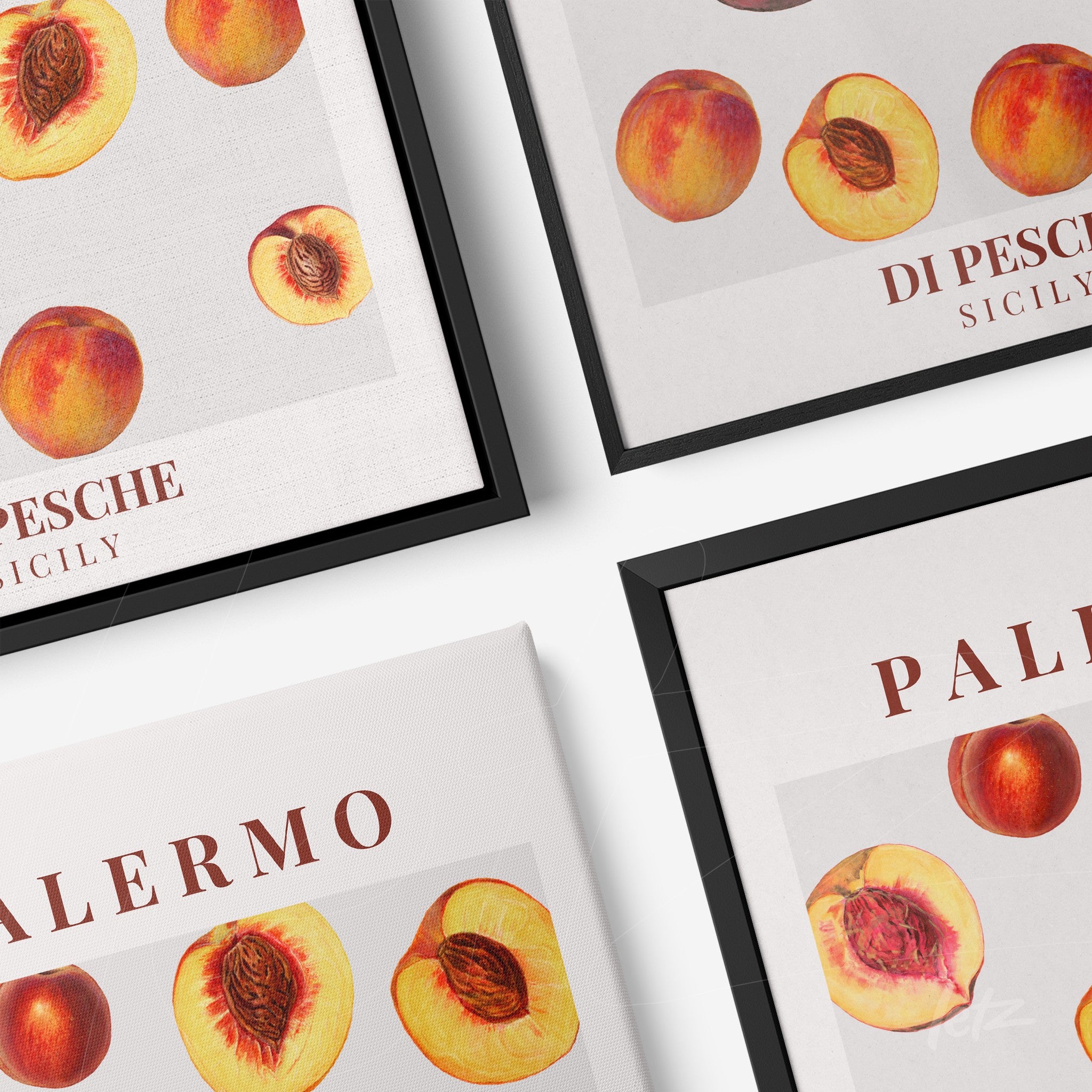 composição de quadros com arte de pêssegos em estilo vintage, molduras preta e branca