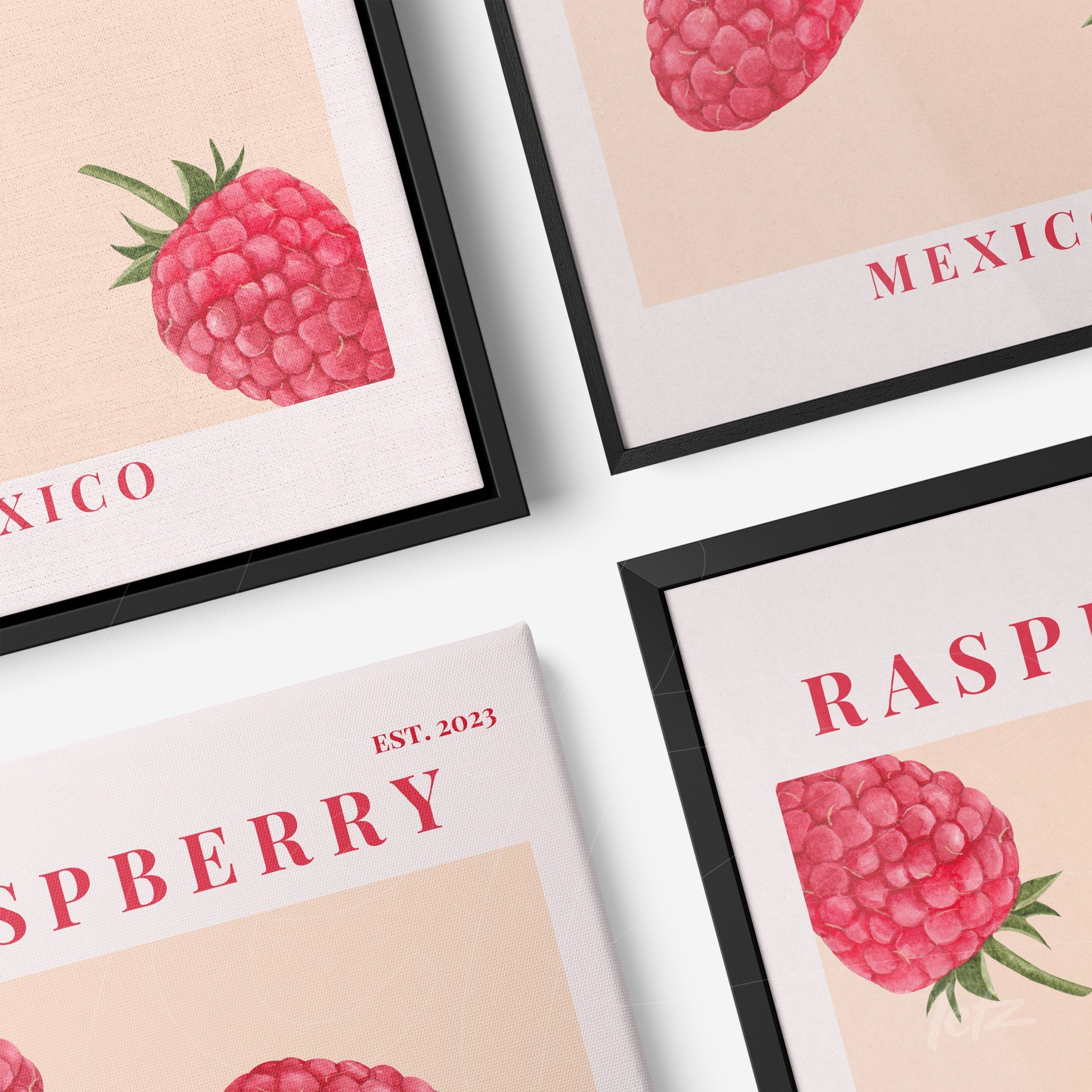série de quadros decorativos com ilustrações de framboesas em molduras pretas, fundo embelezado por tons suaves e textos em vermelho