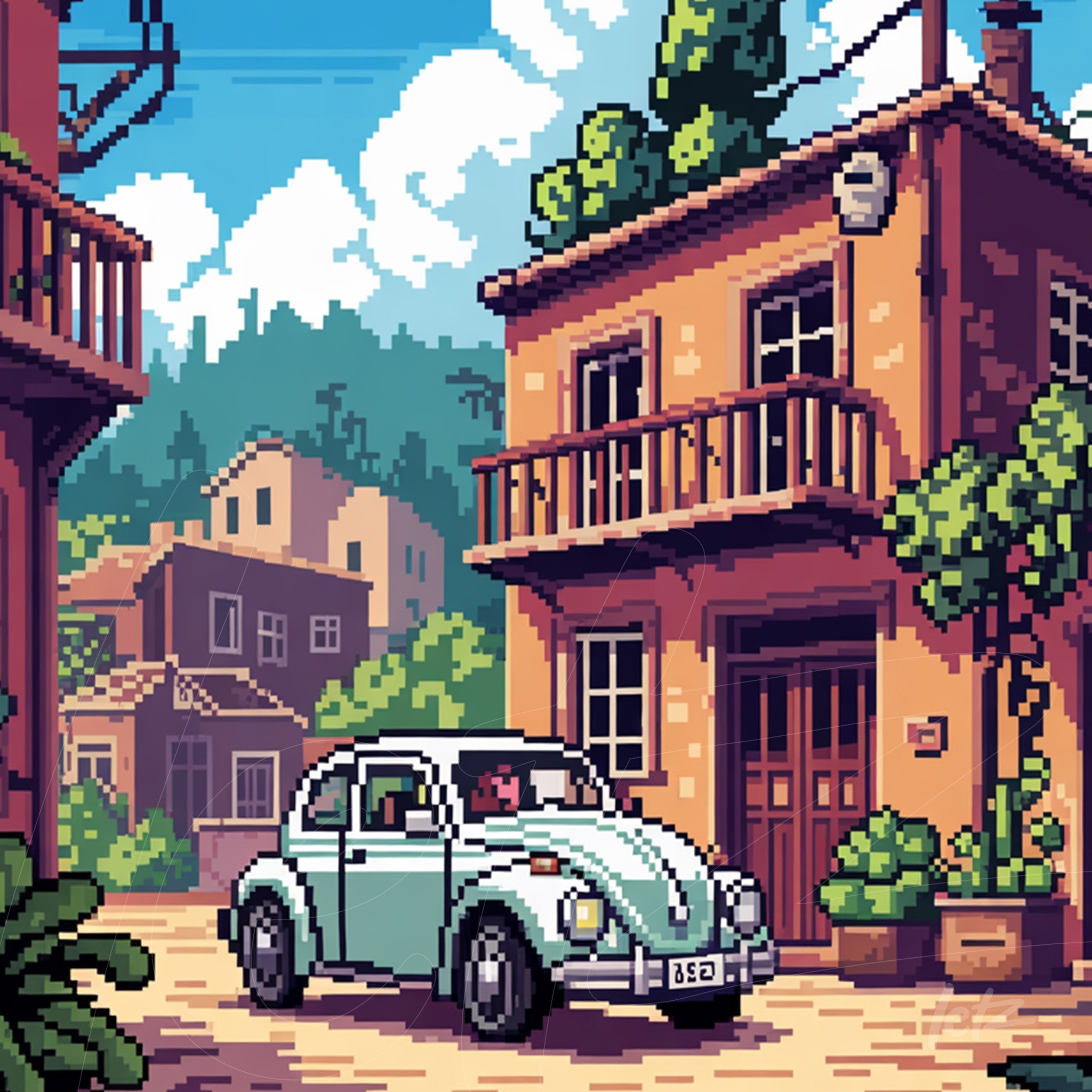 arte digital em pixel art retratando um carro clássico azul em frente a uma casa de estilo mediterrâneo com plantas ao redor