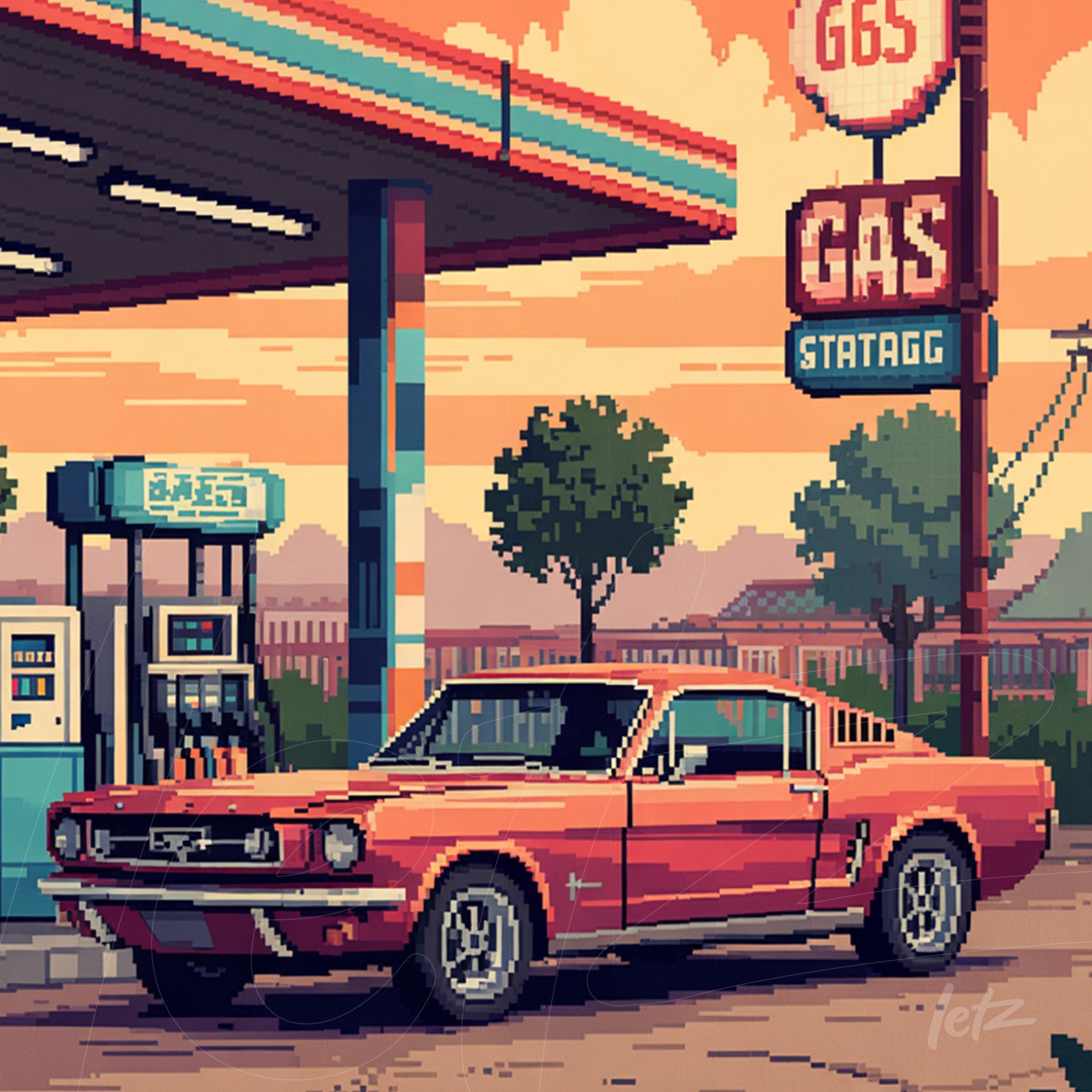 arte digital em estilo pixel art de um carro Mustang vermelho estacionado em um posto de gasolina vintage ao entardecer
