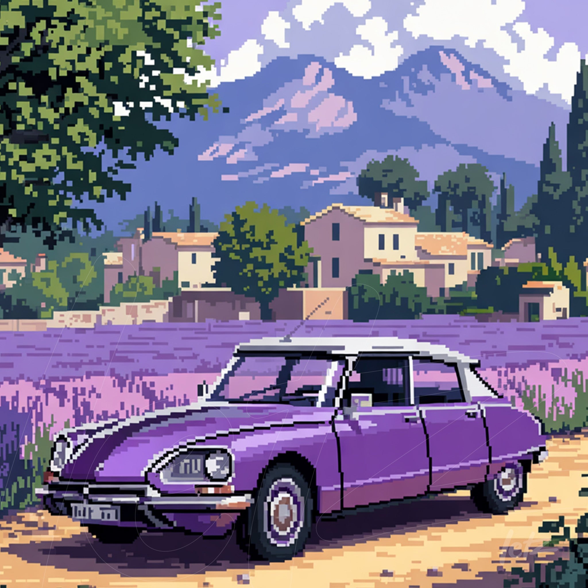 arte digital em pixel art de um carro roxo em um campo de lavanda com montanhas ao fundo
