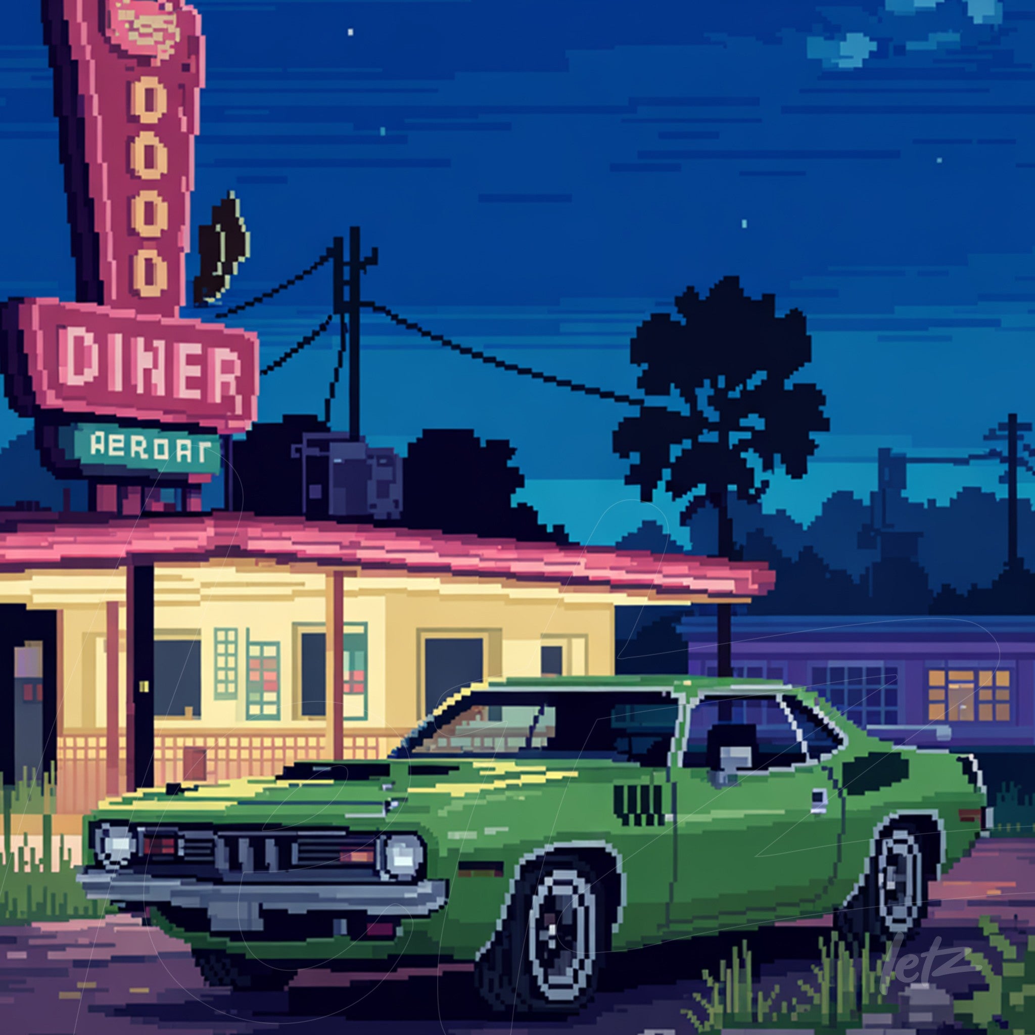 arte digital com um carro esportivo verde em frente a um diner retrô iluminado à noite