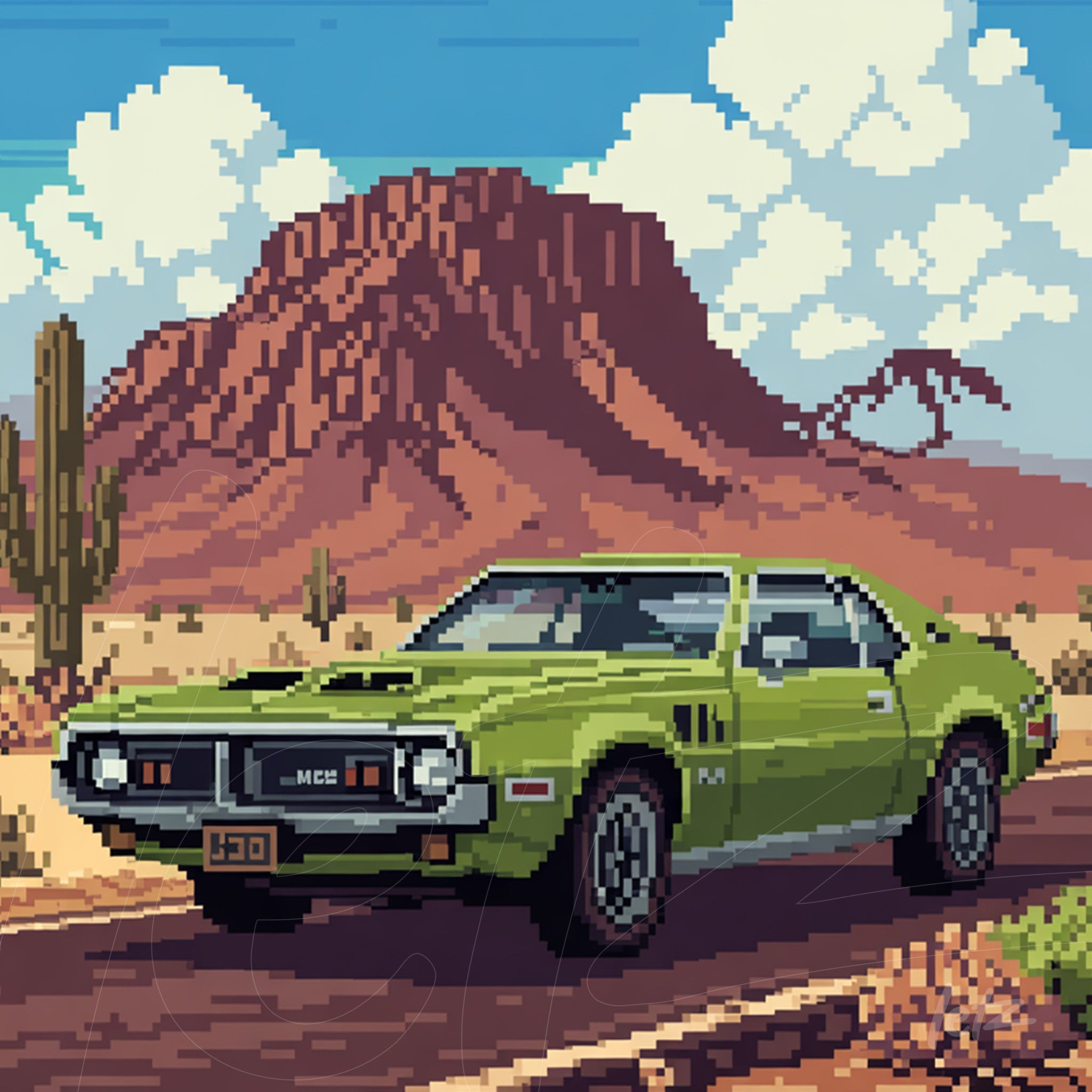 arte digital em estilo pixelado de um carro verde clássico em uma estrada desértica com montanhas ao fundo