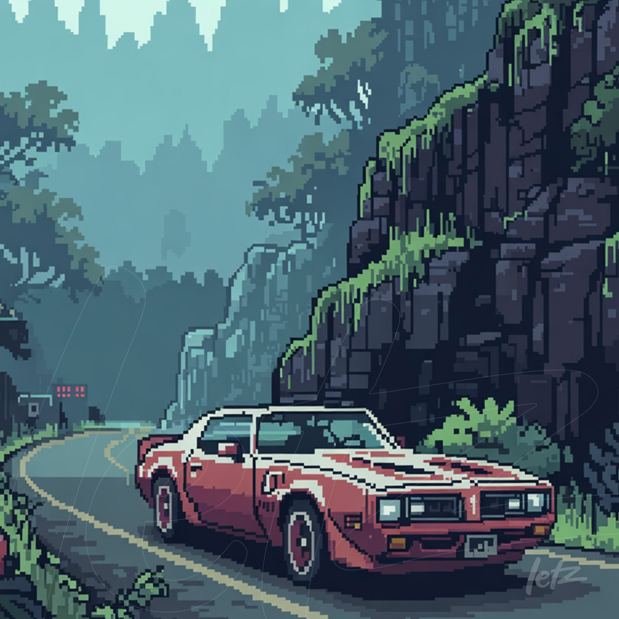 arte digital em estilo pixelado de um carro vermelho em uma estrada cercada por montanhas verdejantes