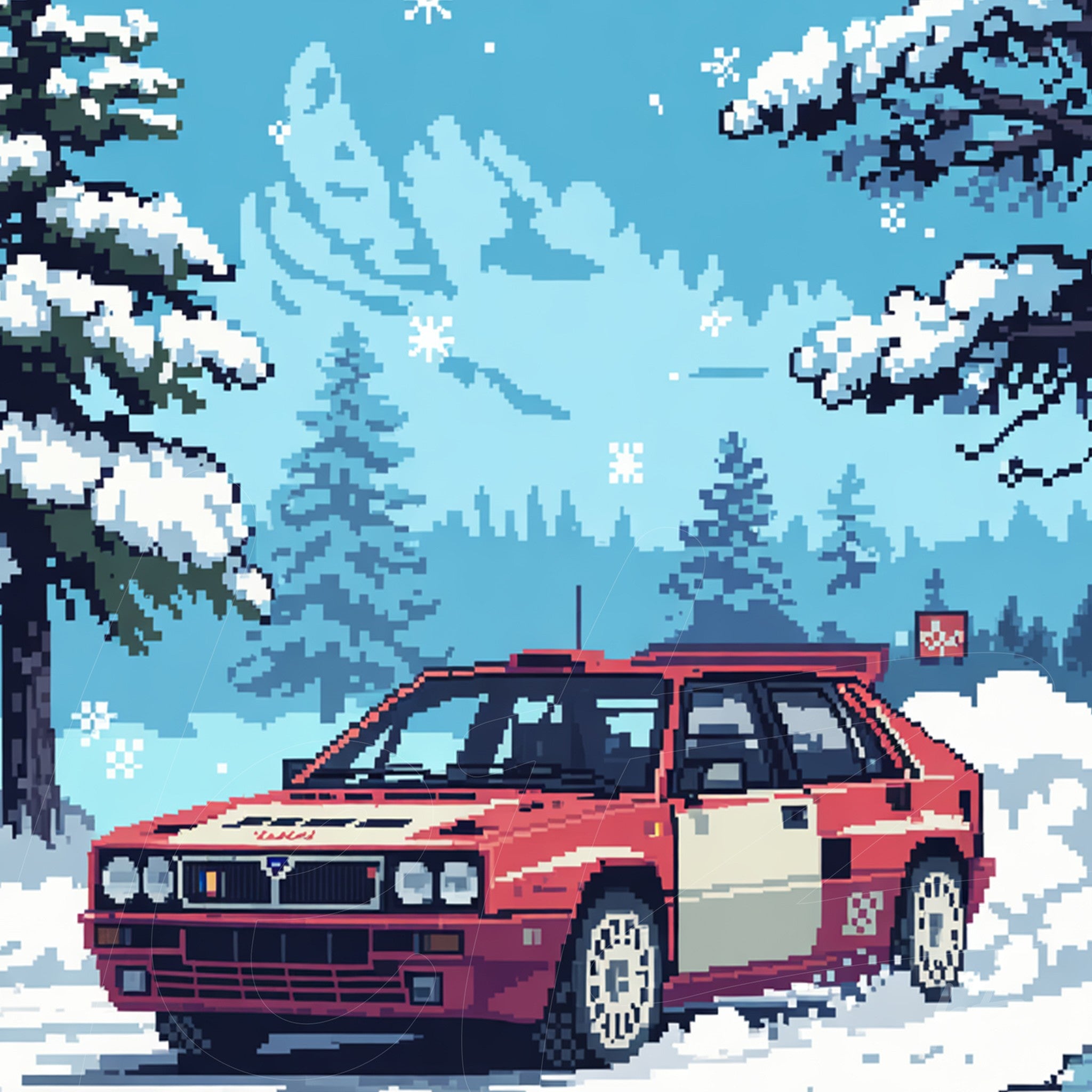 arte digital em pixel art de carro vermelho em um cenário invernal com árvores cobertas de neve
