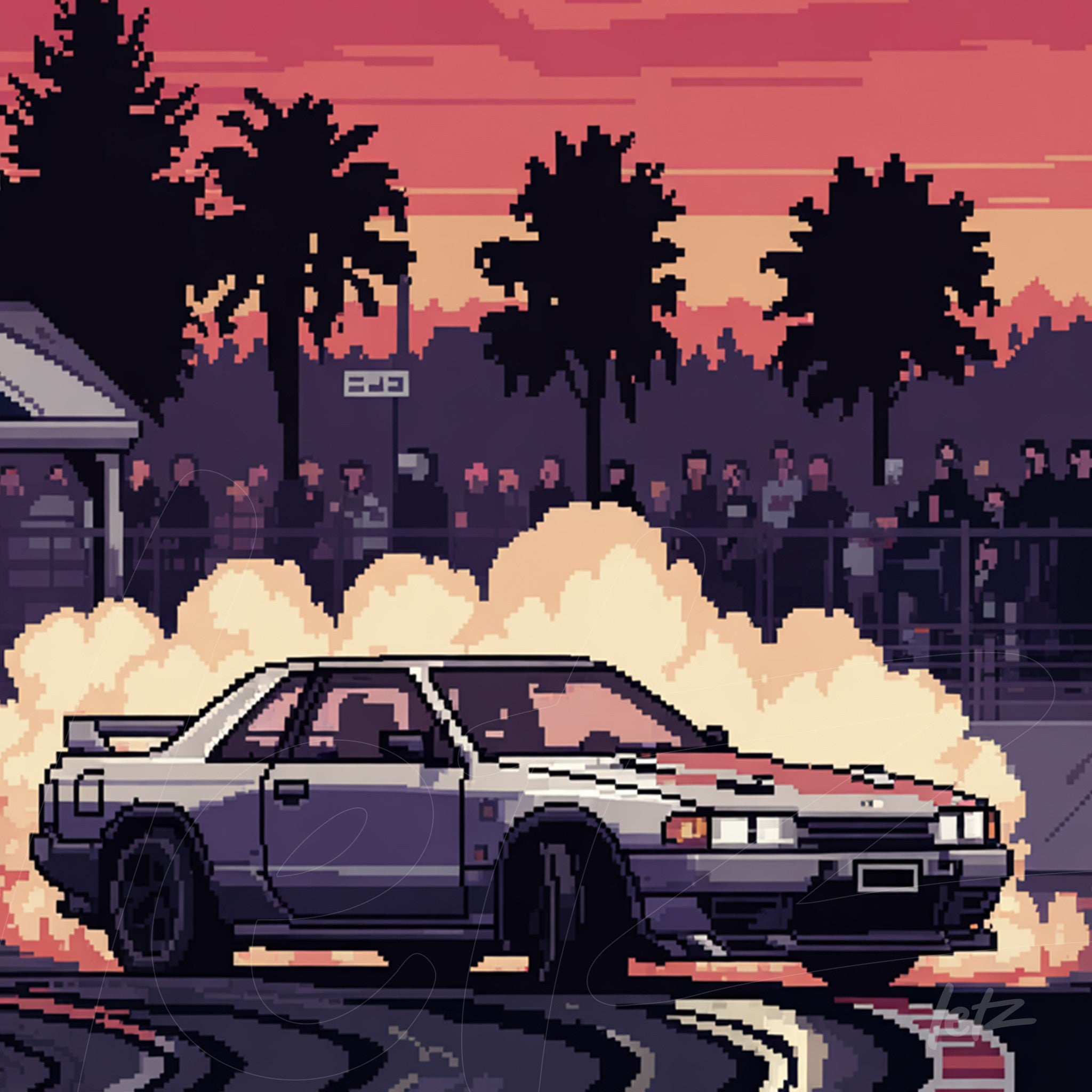 arte digital em estilo pixelado de um carro esportivo em marcha derrapando em pista, com fumaça e pessoas assistindo ao fundo durante pôr do sol