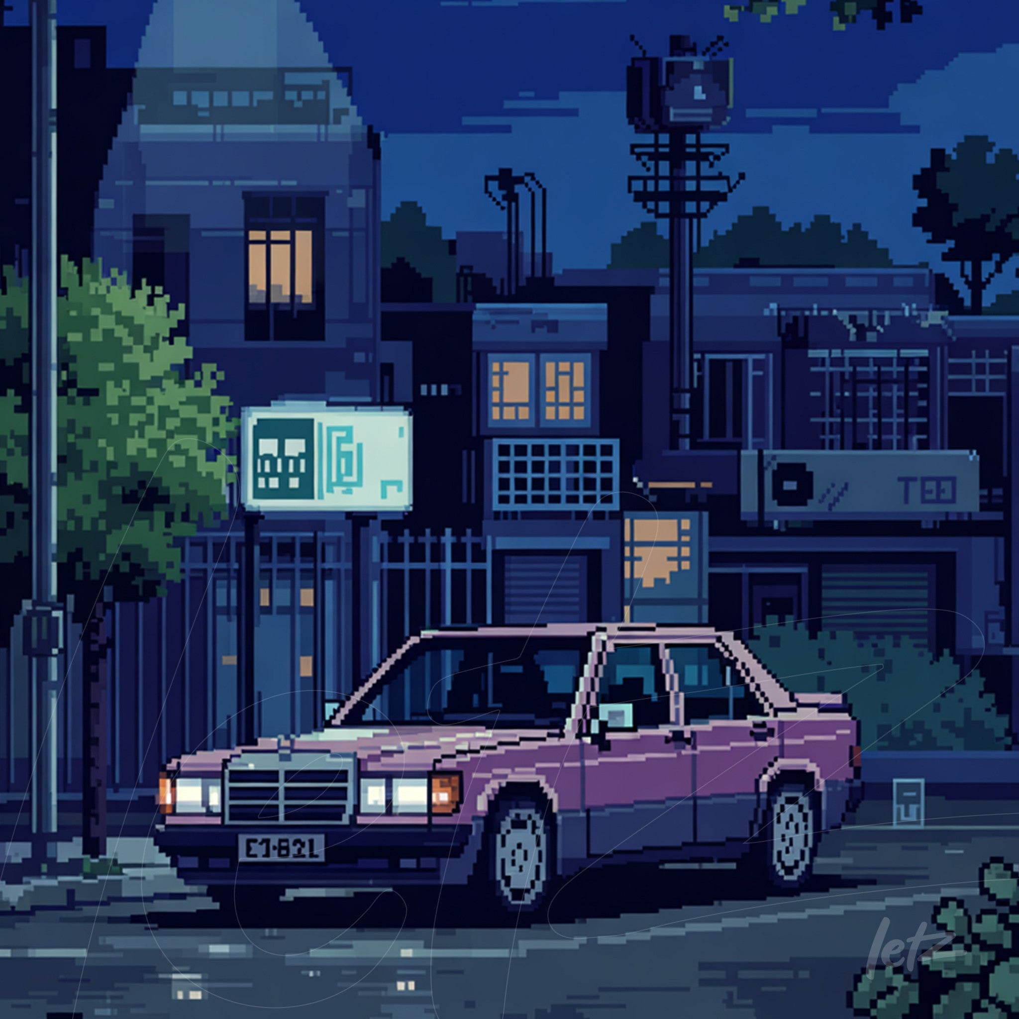 arte digital em pixel art de um carro rosa em uma rua urbana à noite, com edifícios ao fundo e luzes de neon