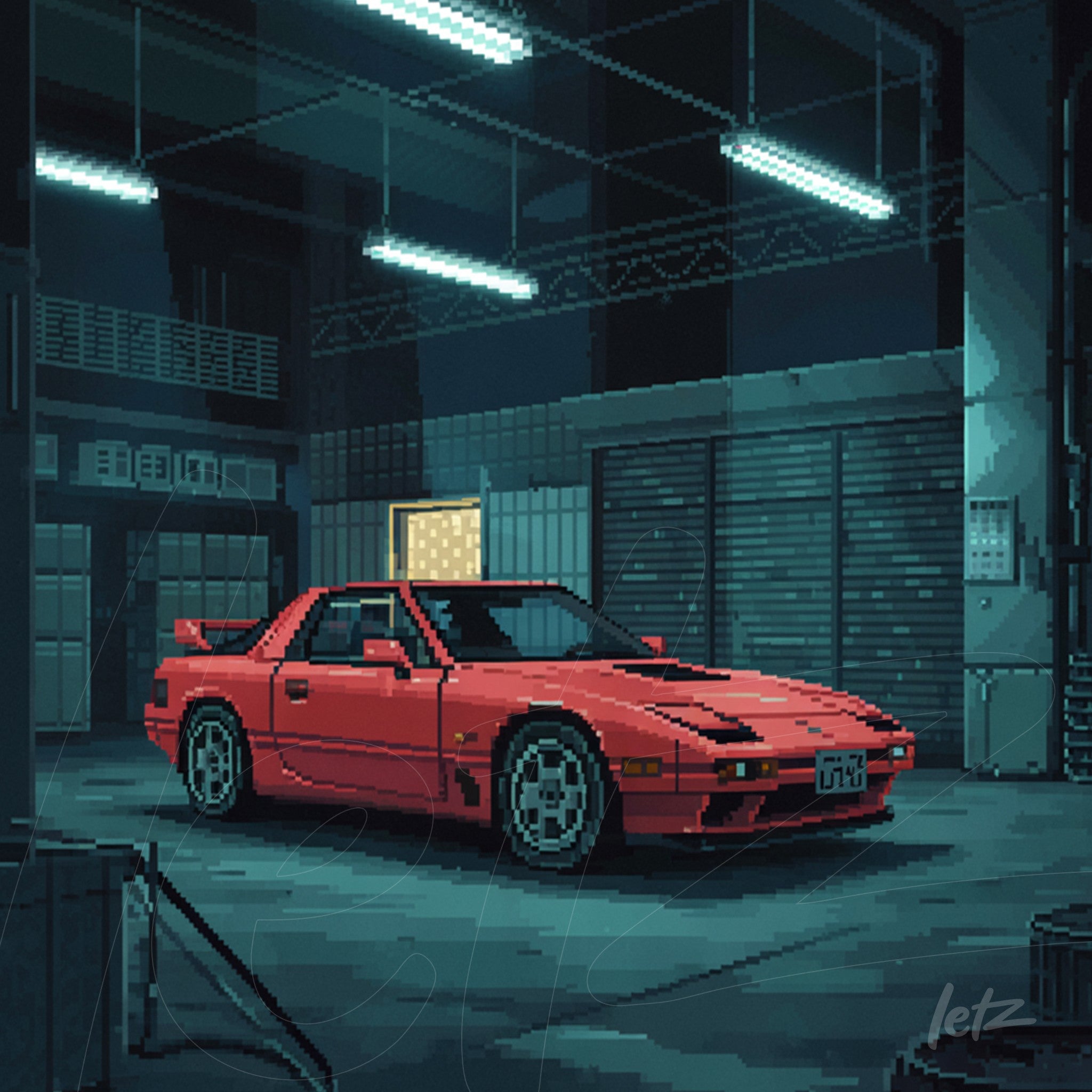 arte digital em pixel art de carro esportivo vermelho em garagem com luzes neon