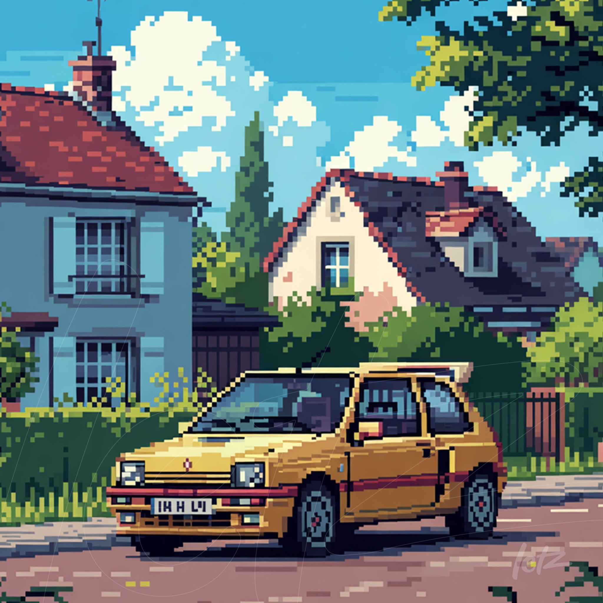 ilustração pixelada de um carro amarelo em uma rua tranquila, com casas de estilo europeu ao fundo e céu azul