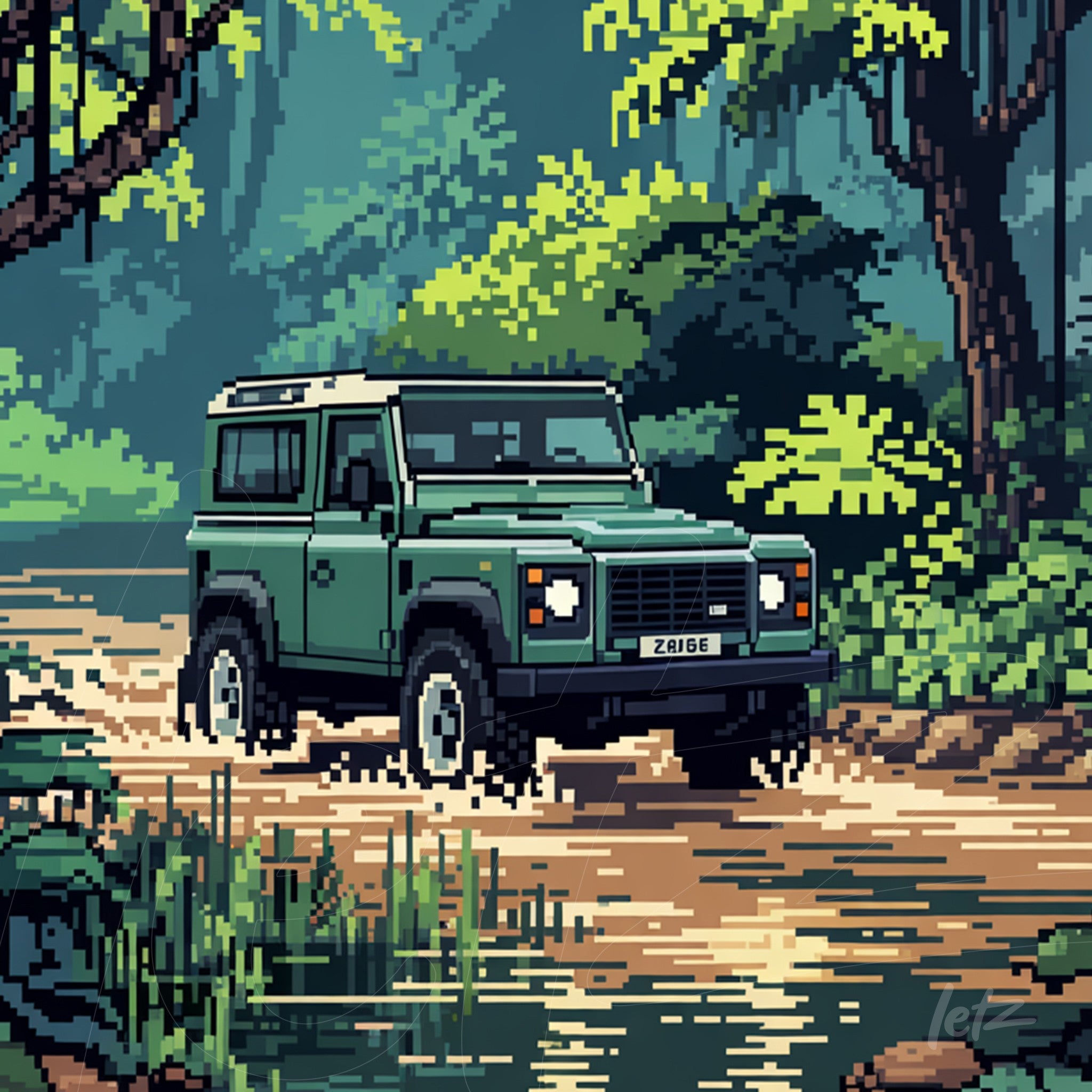 quadro com arte pixelada de carro off-road verde atravessando um rio em meio à vegetação exuberante