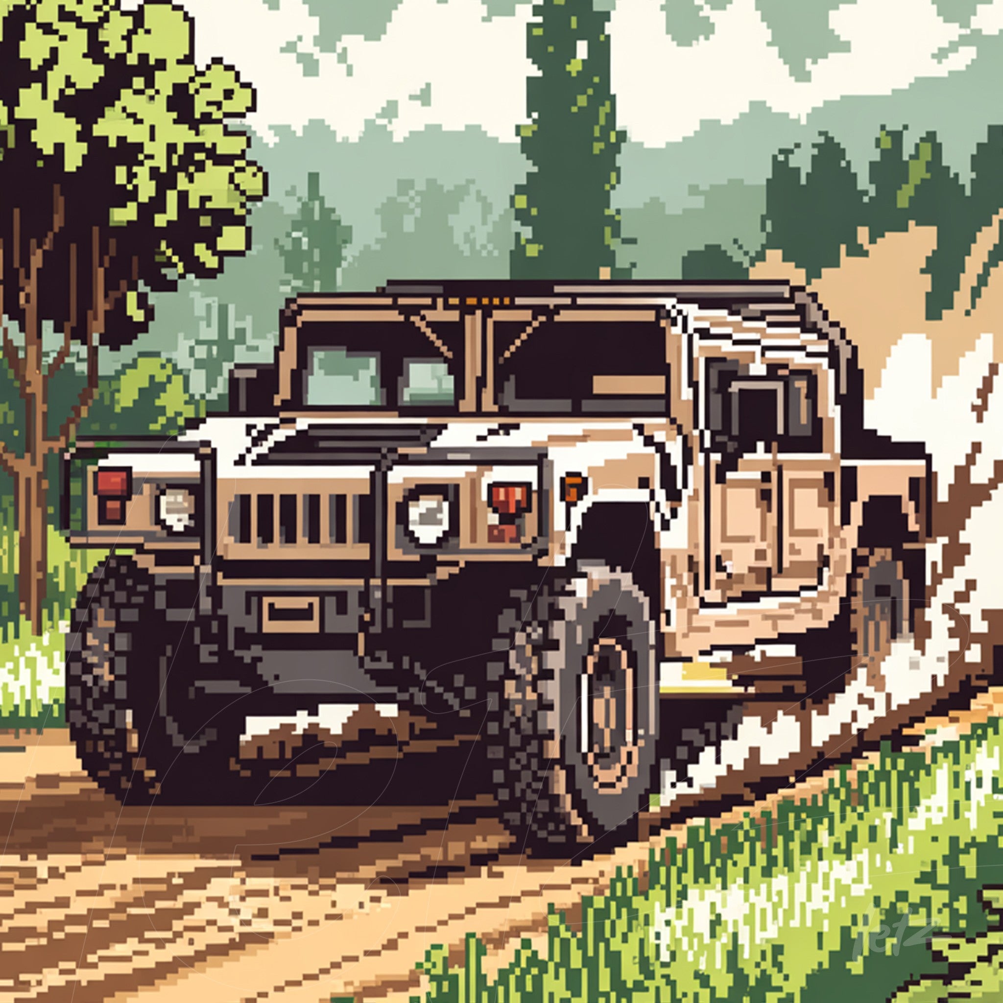 arte digital com estilo pixel art de um veículo Hummer em movimento por estrada de terra rodeada de árvores e vegetação