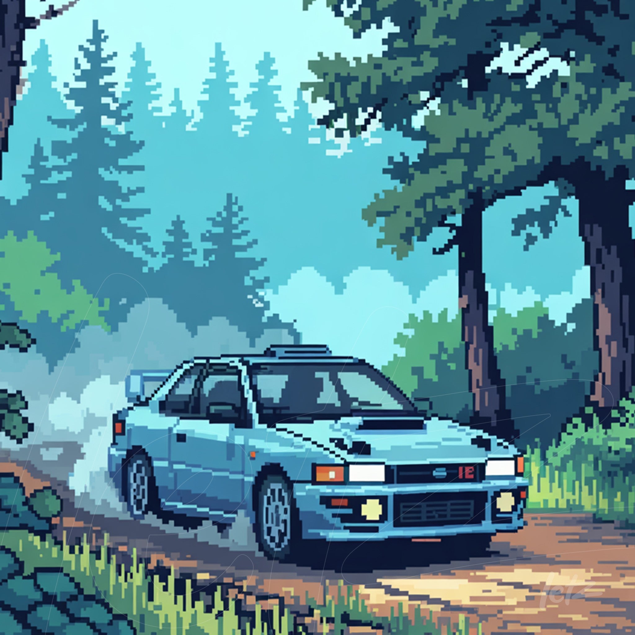 arte digital em pixel art de um carro esportivo azul em um caminho de terra rodeado por árvores verdes