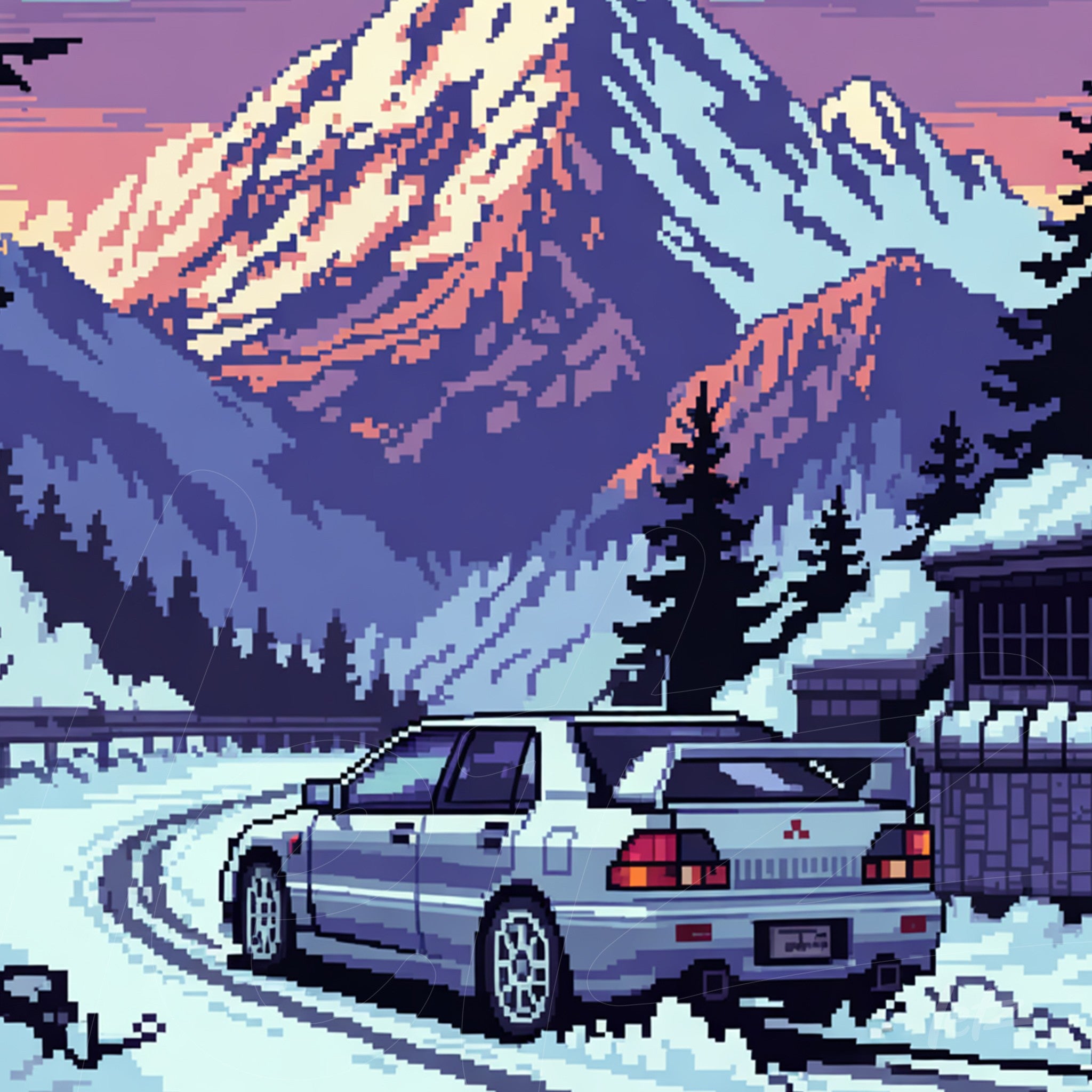arte digital em estilo pixel art de um carro plataformado em uma estrada sinuosa ladeada por montanhas nevadas ao pôr do sol