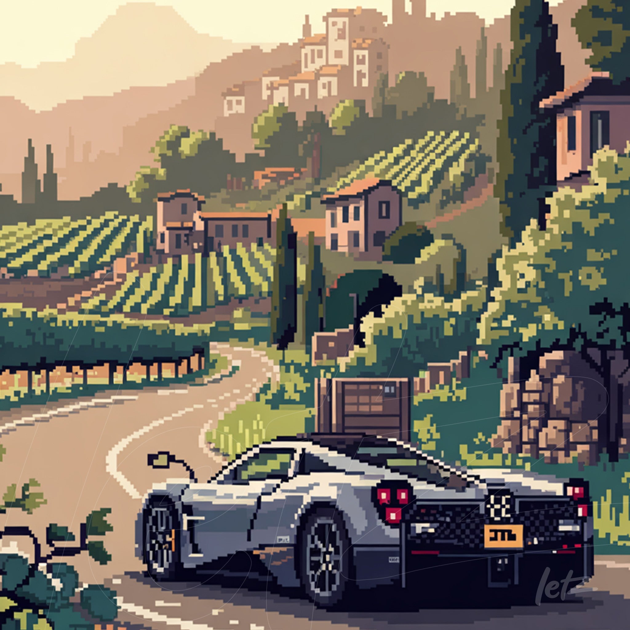 arte digital retratando um carro esportivo em pixel art, estacionado em estrada rural com vinhedos e colinas ao fundo
