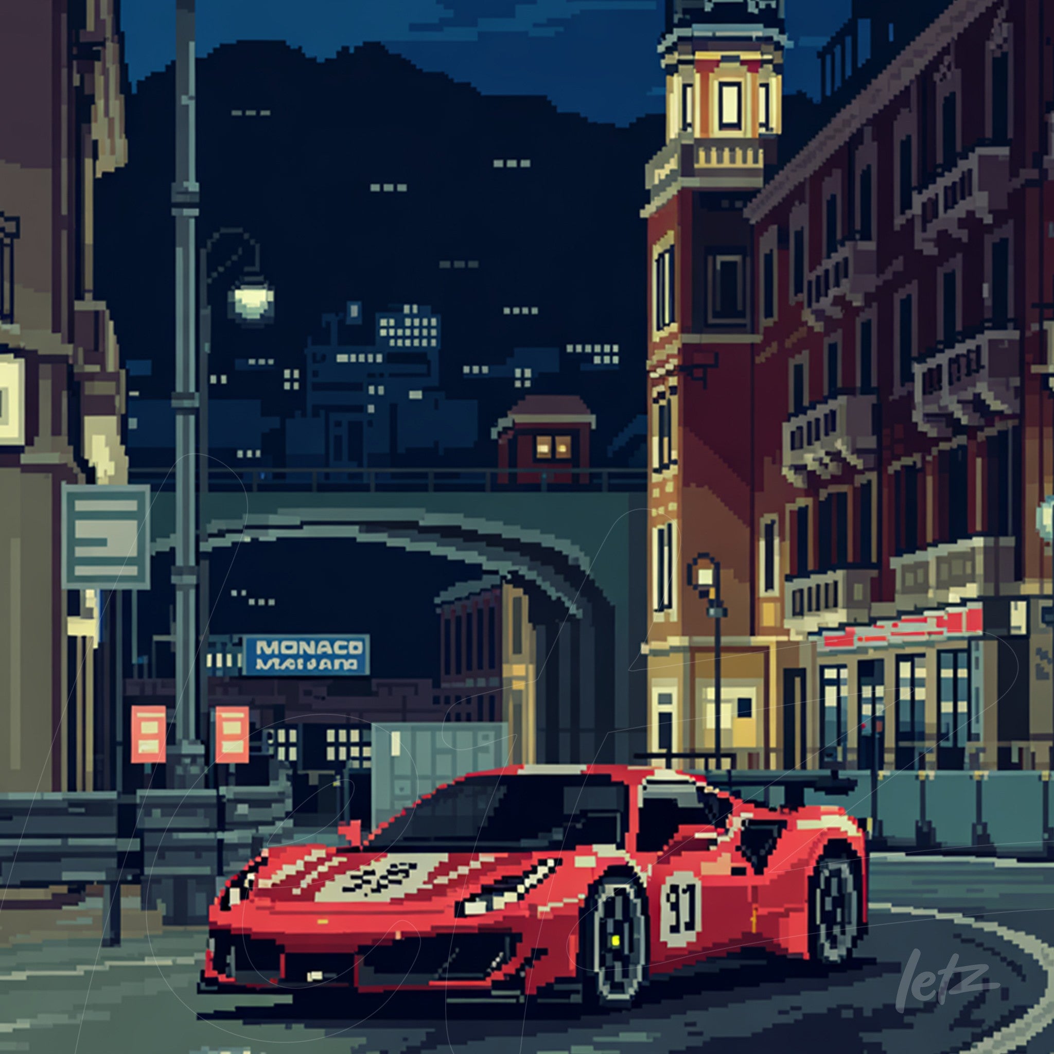 arte digital estilo pixel art de carro esportivo vermelho em pista noturna com iluminação urbana