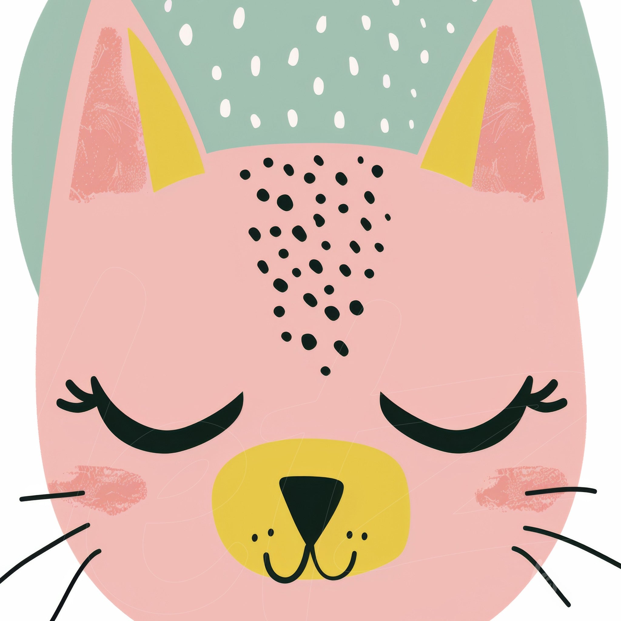 arte digital de um gato rosa com olhos fechados, orelhas amarelas e nariz pontudo, fundo verde claro com texturas suaves