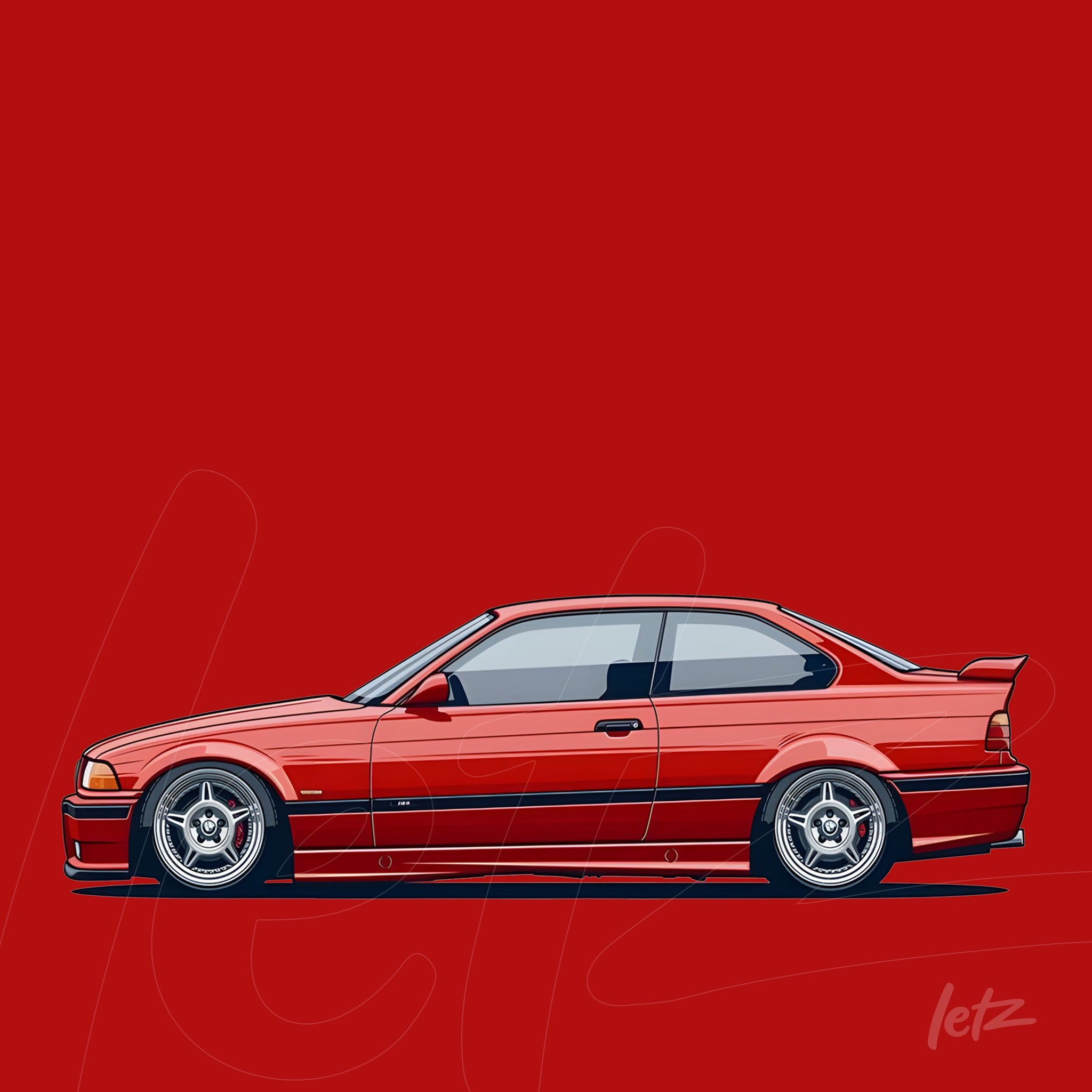 ilustração de carro esportivo vermelho em fundo vermelho intenso com detalhes em preto