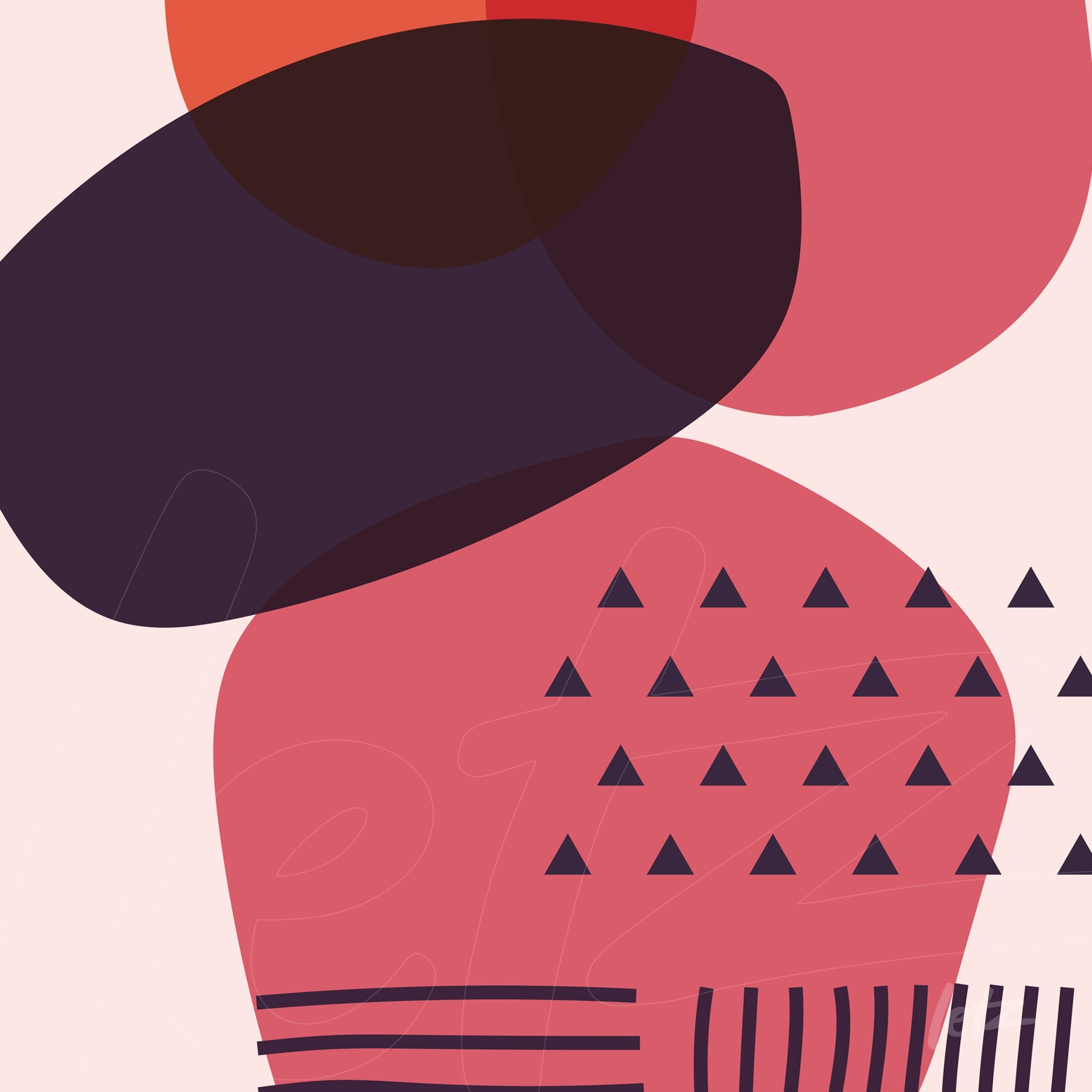 arte abstrata com formas geométricas em tons de vermelho e preto sobre fundo bege