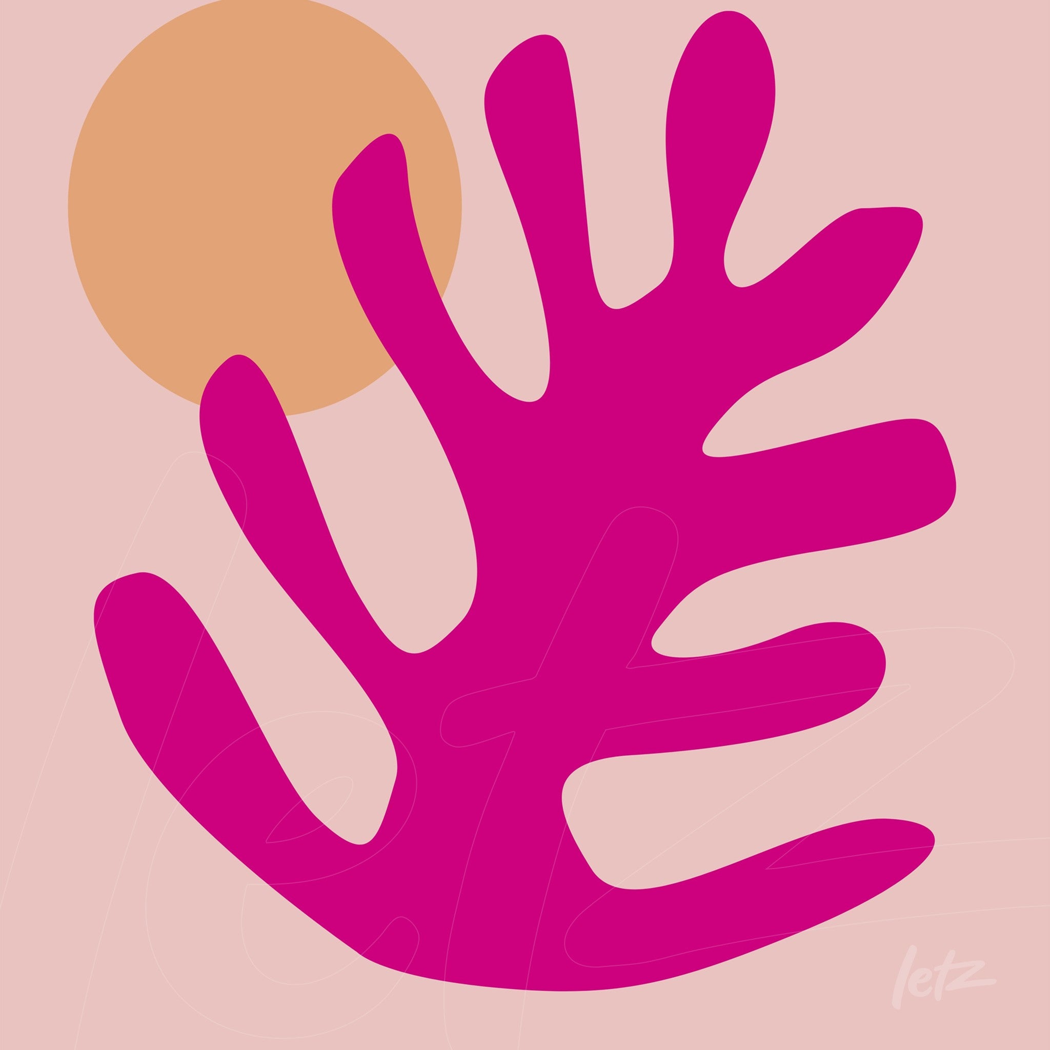 arte digital com folhagem estilizada em tons de rosa sobre fundo rosa claro