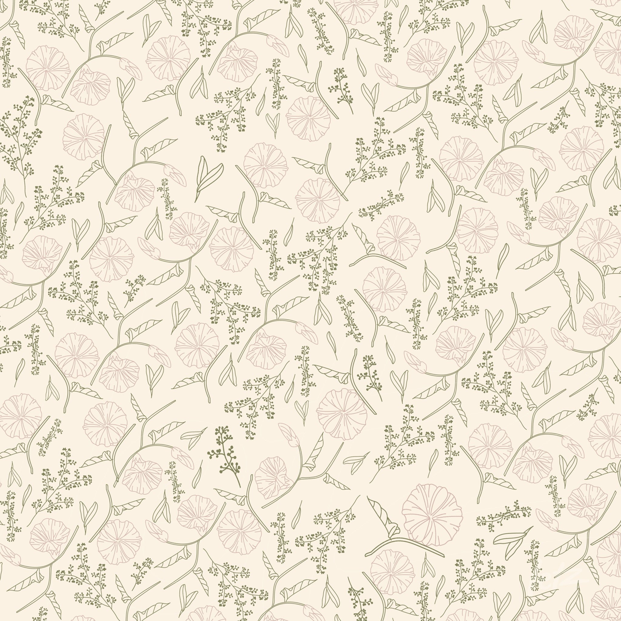 tecido decorativo com padrão de flores e folhas em tons suaves de rosa e verde em fundo claro