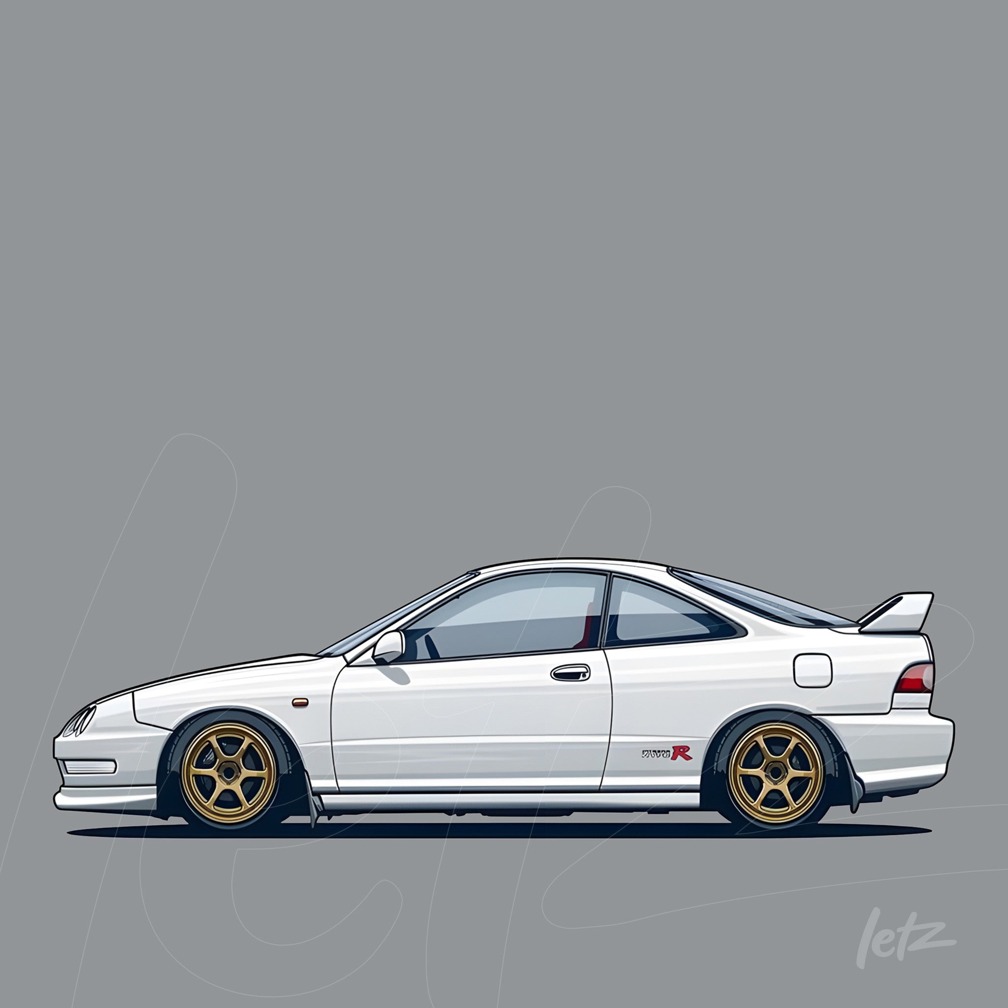 ilustração de um carro esportivo branco modelo Acura Integra com rodas douradas em fundo cinza