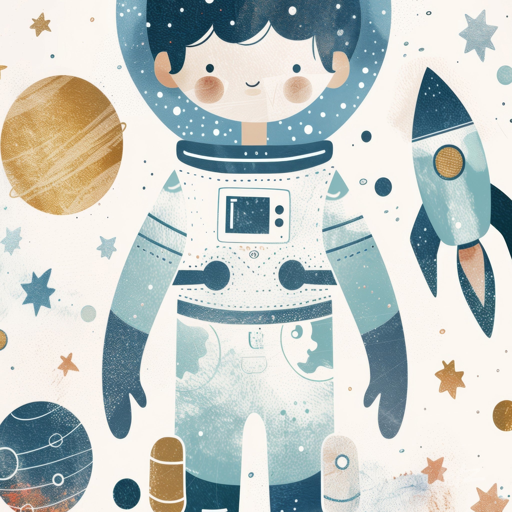 ilustração de astronauta sorridente com fundo de planetas e foguete, em estilo infantil