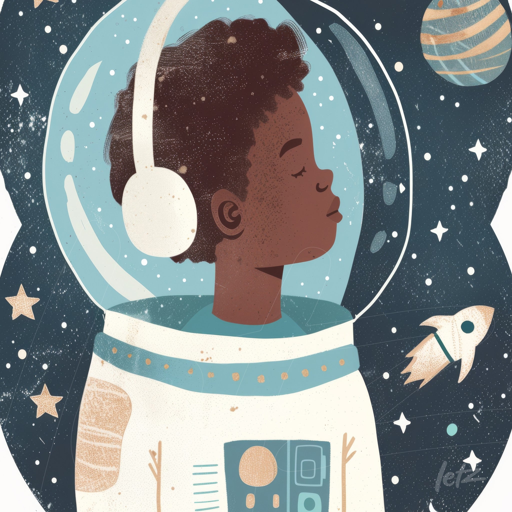 arte digital de astronauta com pele negra, usando traje espacial e capacete, fundo estrelado com planetas e foguete