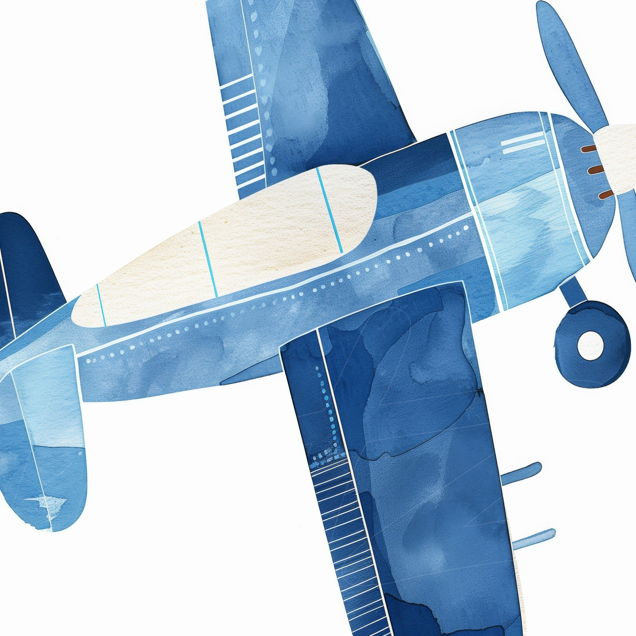 ilustração de um avião em aquarela com tons de azul, destacando detalhes nas asas e na fuselagem