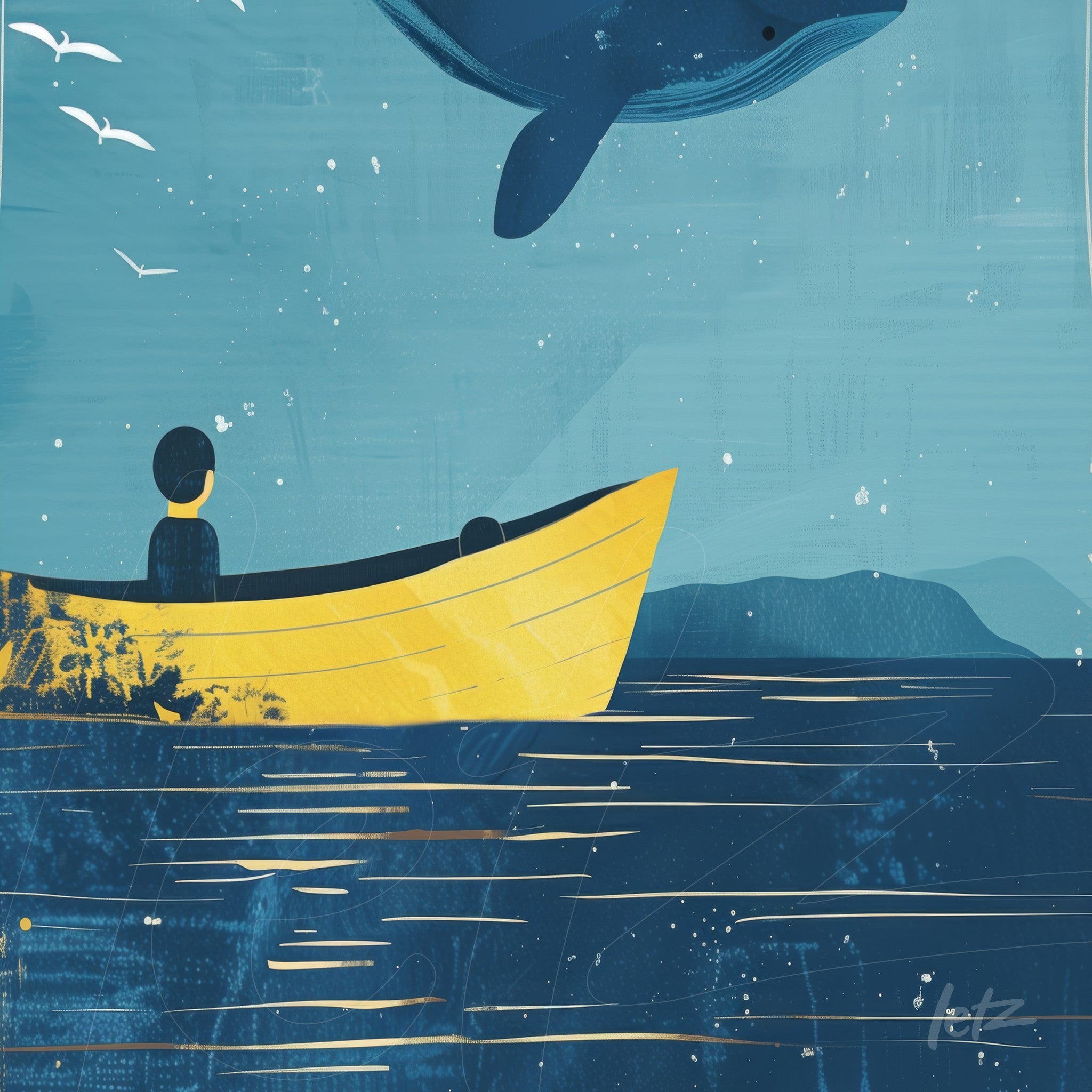 ilustração de um barco amarelo em um mar azul sob um céu azul, com uma baleia emergindo acima da água e aves voando ao fundo