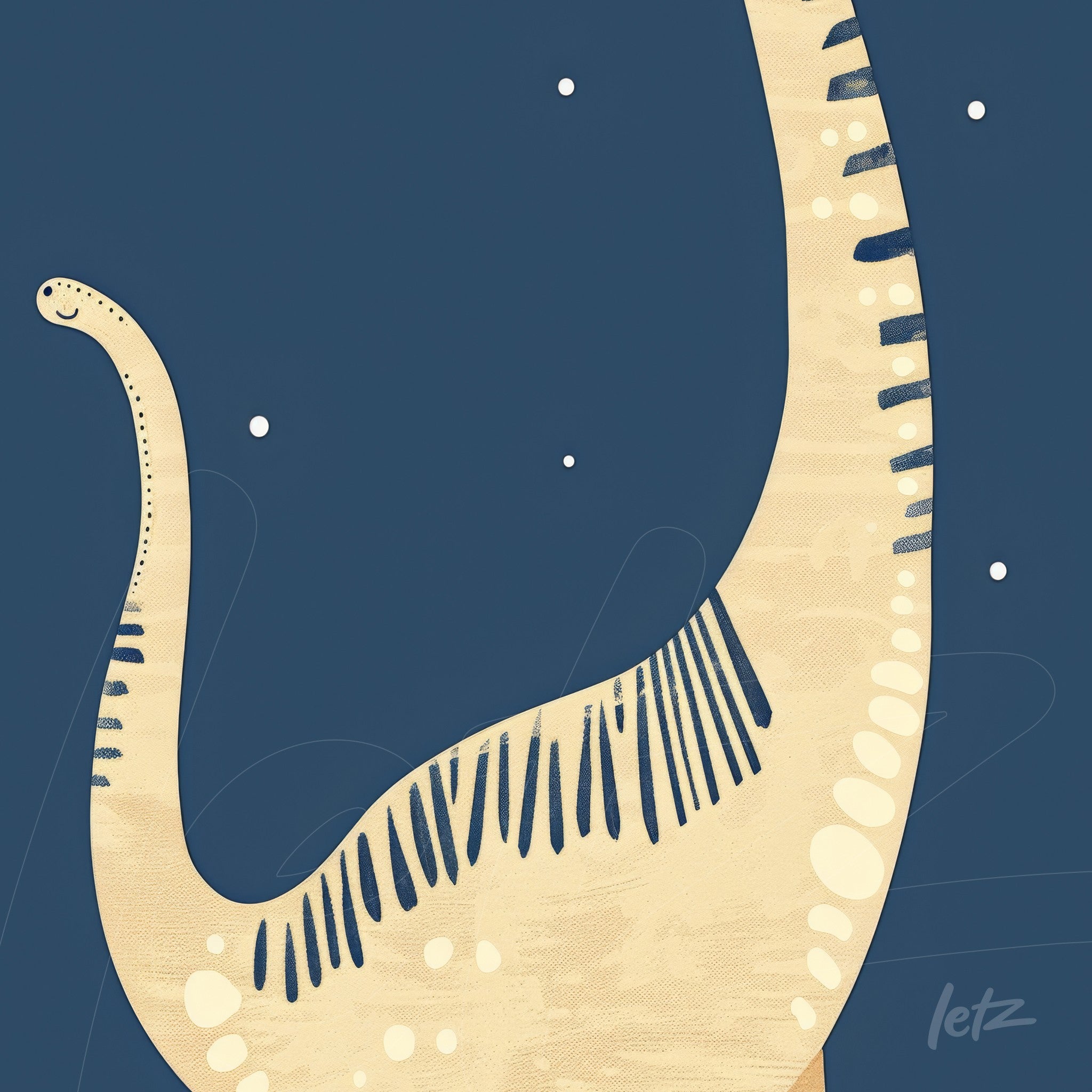 detalhe de arte digital representando uma cauda de dinossauro em fundo azul escuro com estrelas brancas