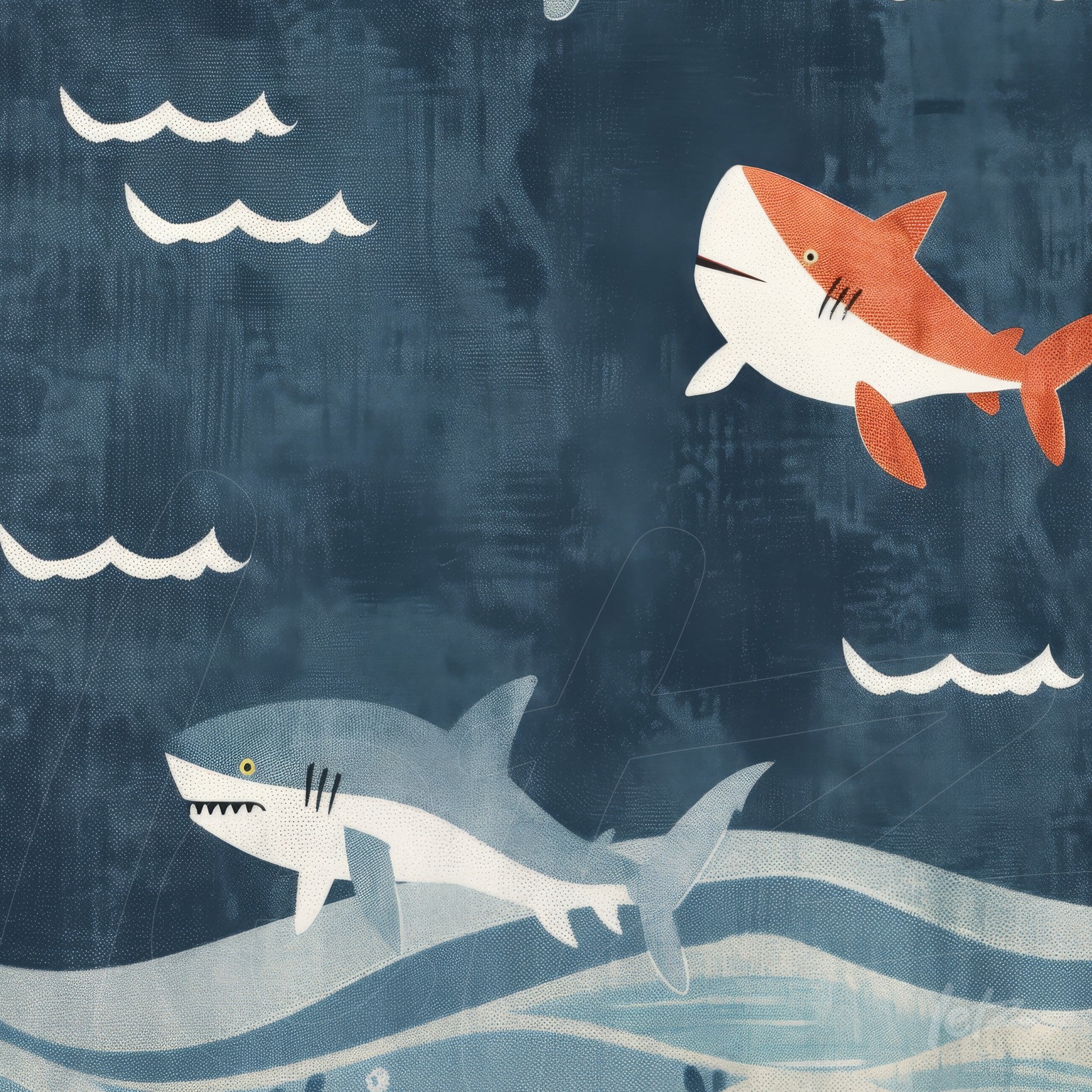 quadro com arte digital de tubarões nadando sobre fundo azul escuro com ondas e nuvens brancas