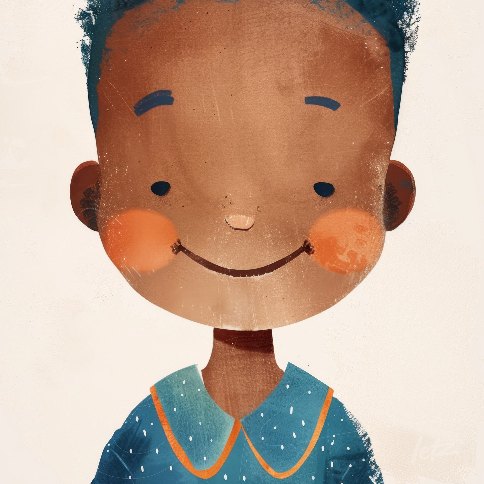 ilustração de um menino sorridente com cabelo curto e escuro, usando uma camisa azul com detalhes em laranja