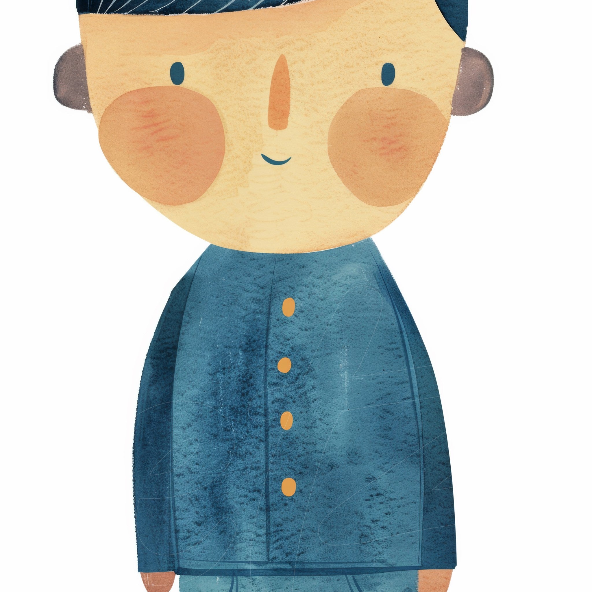 ilustração de personagem infantil com cabelo escuro e camisa azul, fundo branco