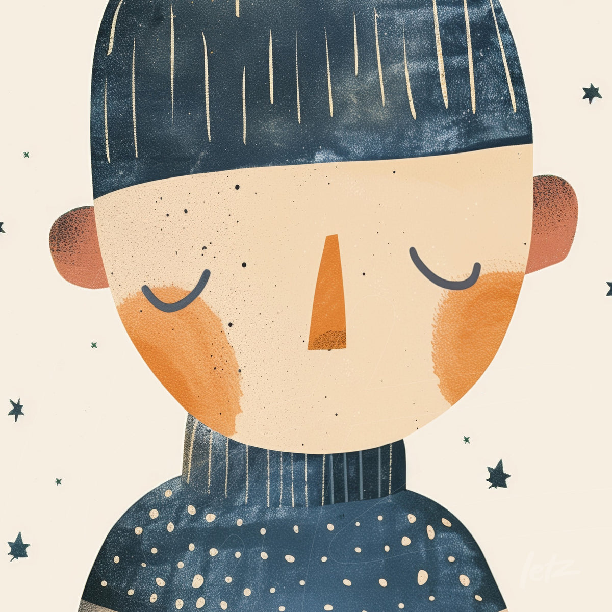 ilustração de retrato de criança com camiseta listrada e cabelo escuro, fundo suave com estrelas