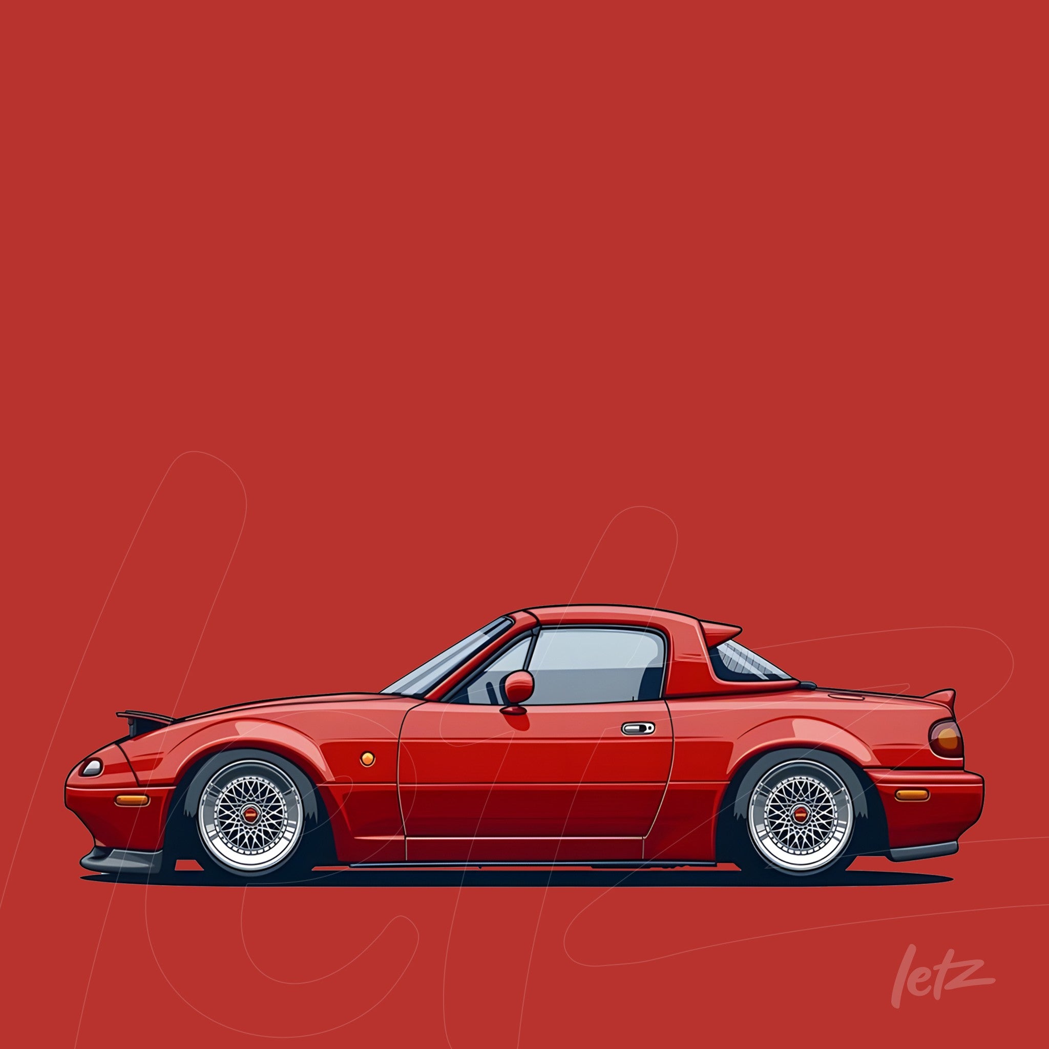ilustração de carro esportivo vermelho com rodas de arame e fundo vermelho sólido
