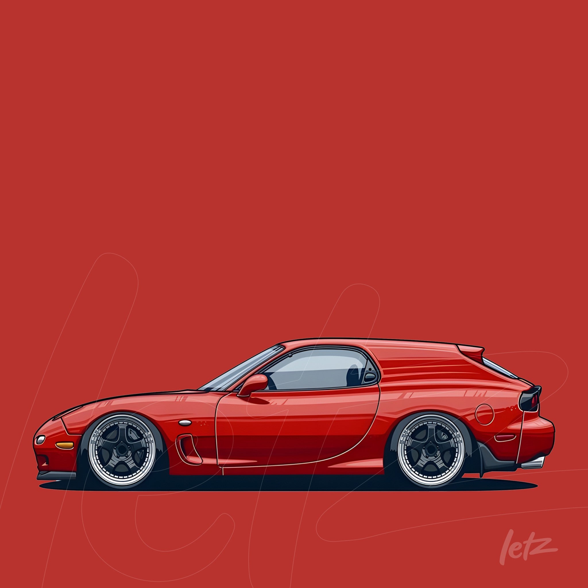 ilustração de carro esportivo vermelho em fundo vermelho sólido com detalhes em cinza e rodas prateadas