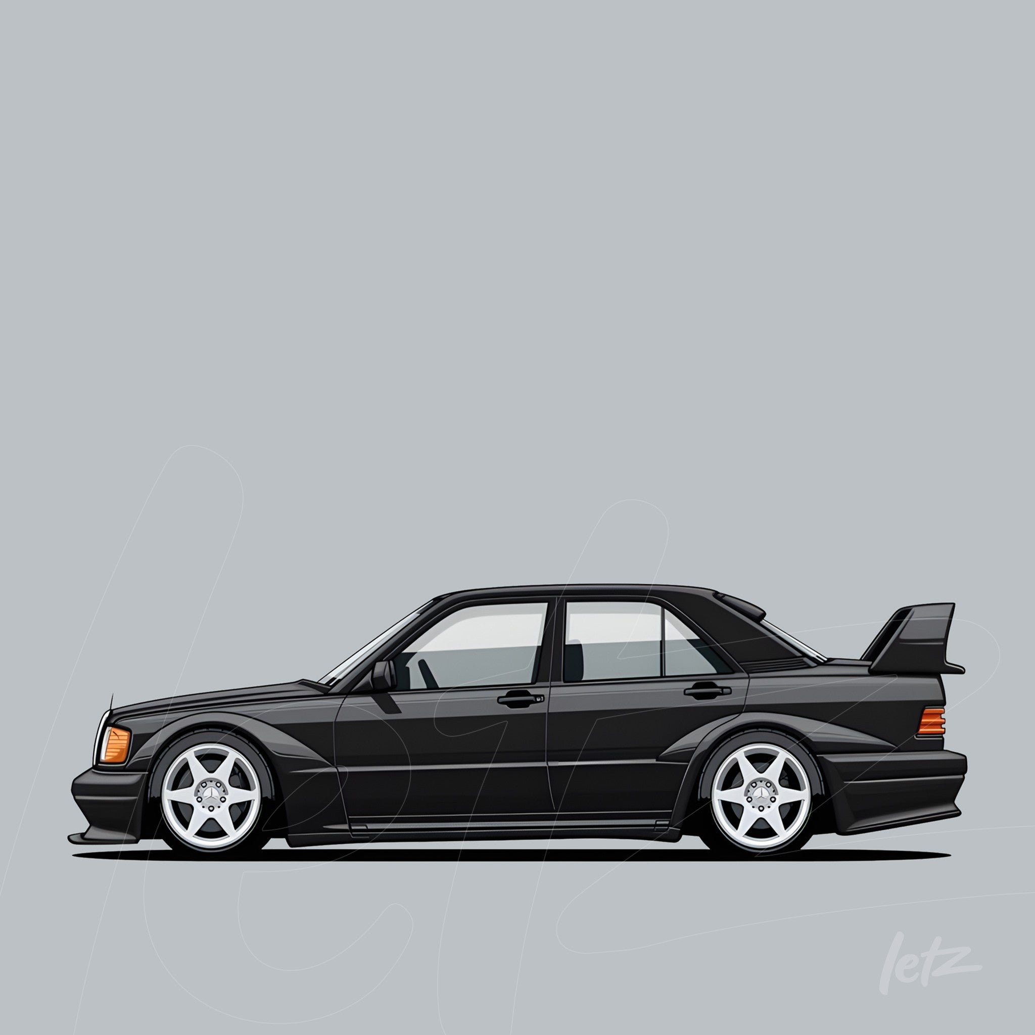 arte digital de um carro esportivo preto com rodas prateadas e design aerodinâmico sobre fundo cinza