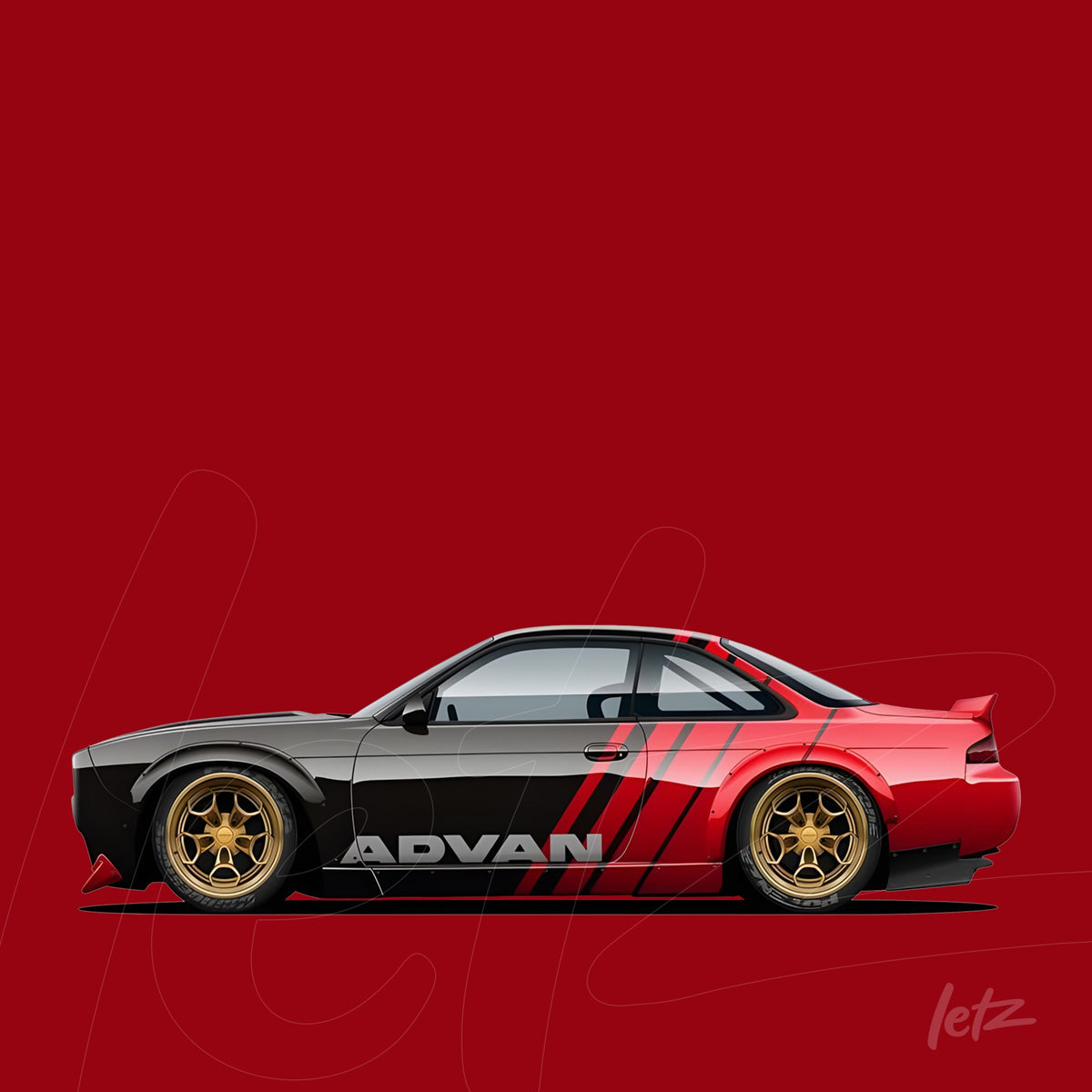 ilustração de carro esportivo em estilo vetorial com detalhes em vermelho e preto sobre fundo vermelho